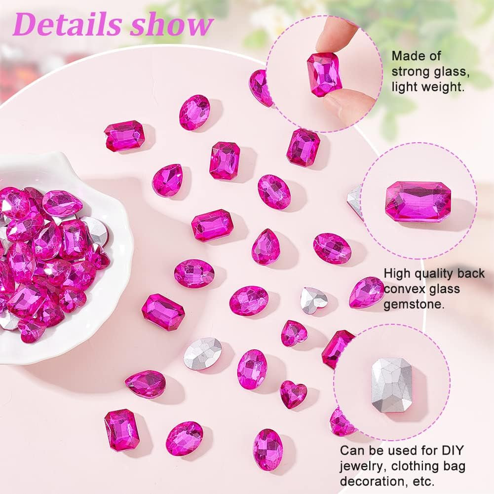 64 Pcs 4 Shapes Pointed Back Rhinestone 18Mm Glass Rhinestones Gems Fuchsia Rectangle/Teardrop/Heart/Oval Jewels Embelishments with Silver Plated Back Crystals Stones for Jewelry Making
