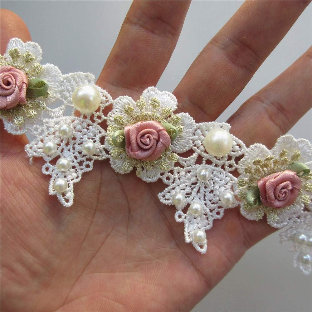1 Yard Vintage Gold Pearl Rose Flowers Embroidered Lace Trim Fabric Floral Appliques Lace Ribbon Bridal Ornaments Handmade DIY Sewing Supplies Craft for Costume Hat Decoration 1.96" Wide