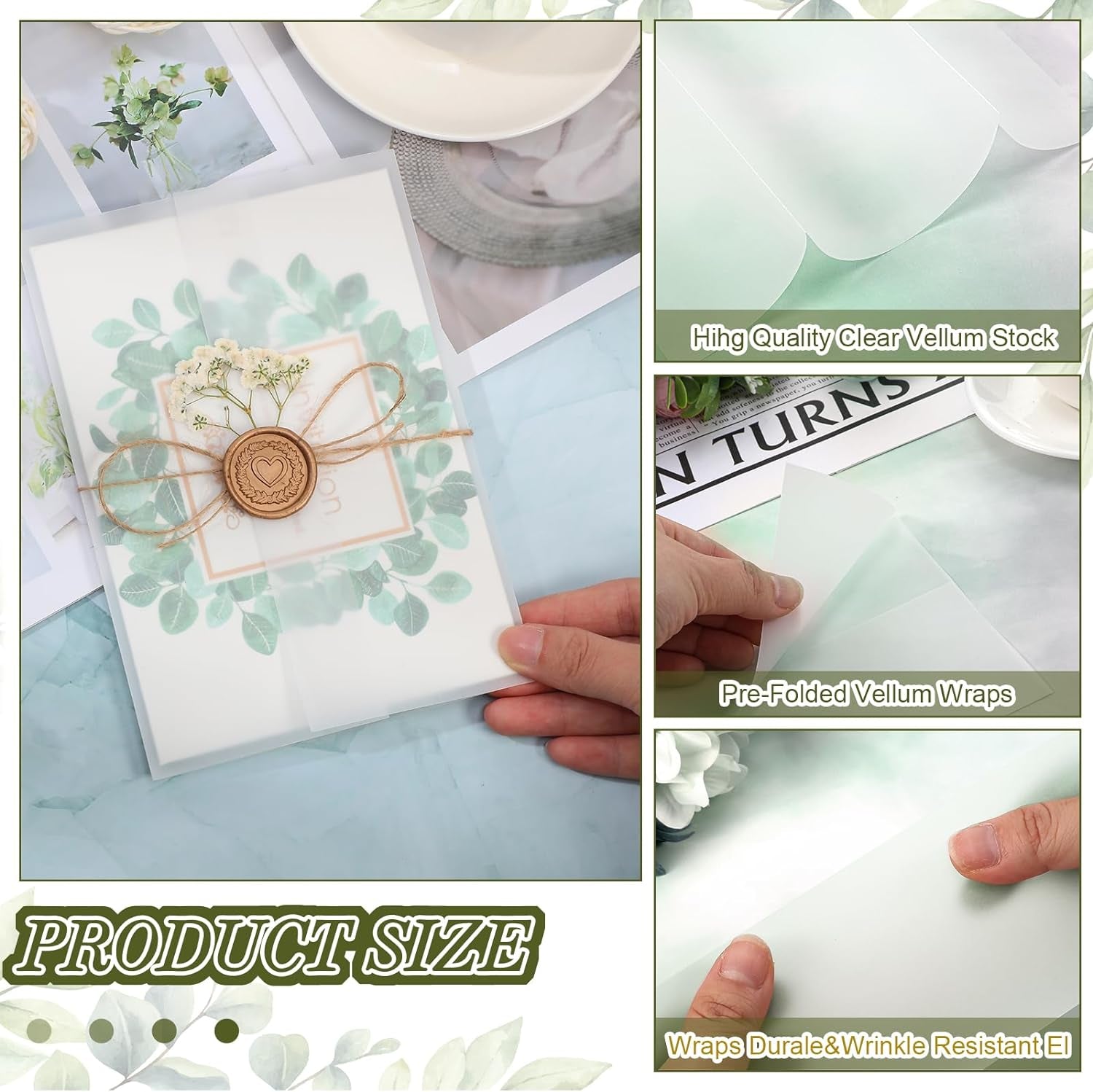 50 Sets Wedding Invitations Wraps Set Include Pre Folded Vellum Jackets for 5 X 7 Inch Invitations Mini Dried Flowers Gold Wax Seal Stickers for Wedding Birthday Bridal Baby Shower Craft DIY