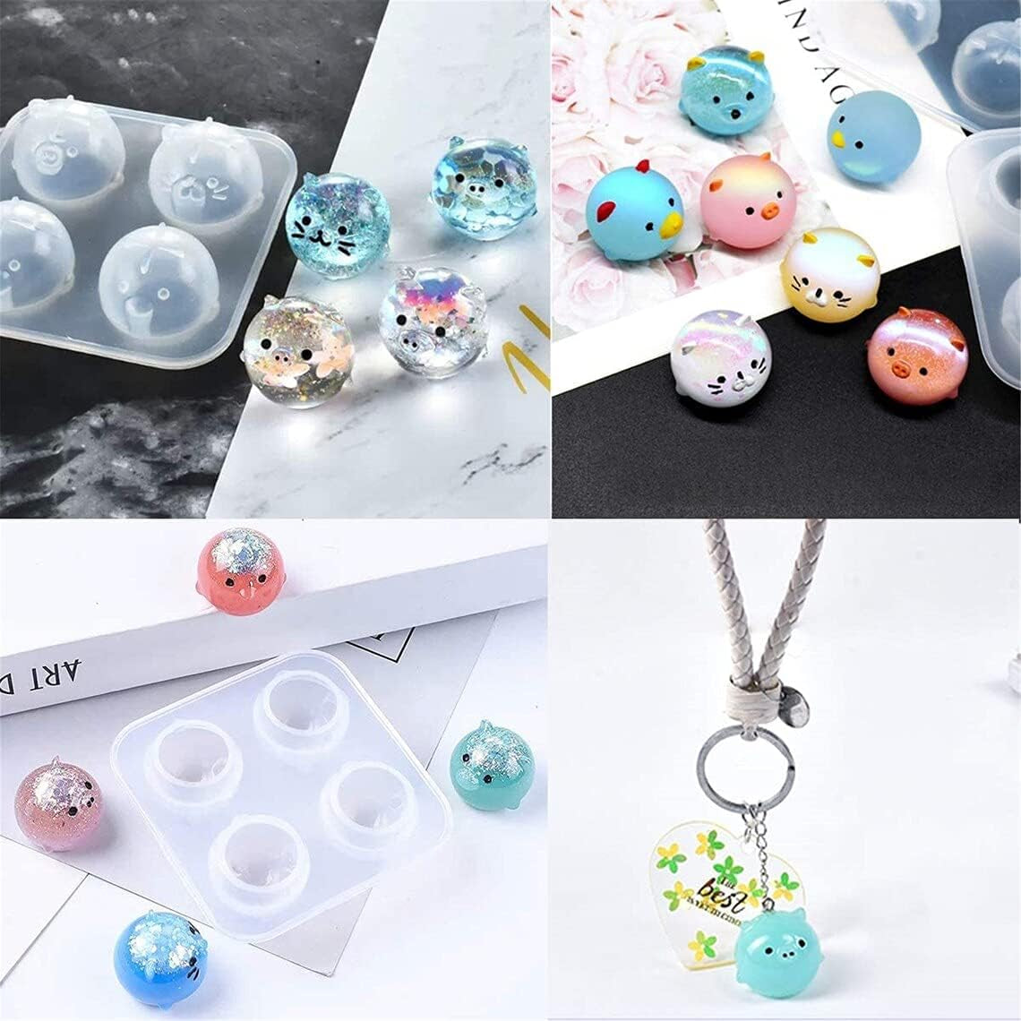 2Pcs Silicone Resin Molds for Jewelry Keychain Pendent Necklace, Cute Animal Orbs Piglet Chicken Bear Shape Ornaments Casting Molds for UV Resin Crafts, DIY Jewelry Making (Mirror & Matt)