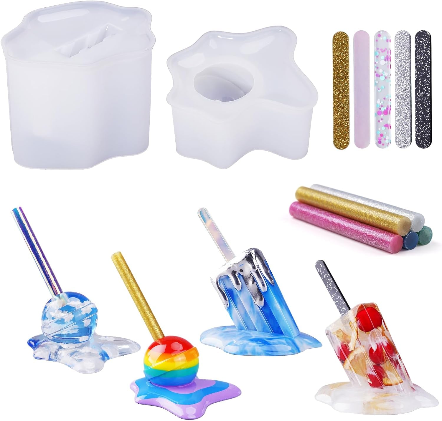 Melted Ice Lolly Resin Epoxy Molds, Silicone Molds for Crafts, Pop and Candy Shape with 10Pcs Sticks, DIY Melting Sculpture, Summer Ornaments