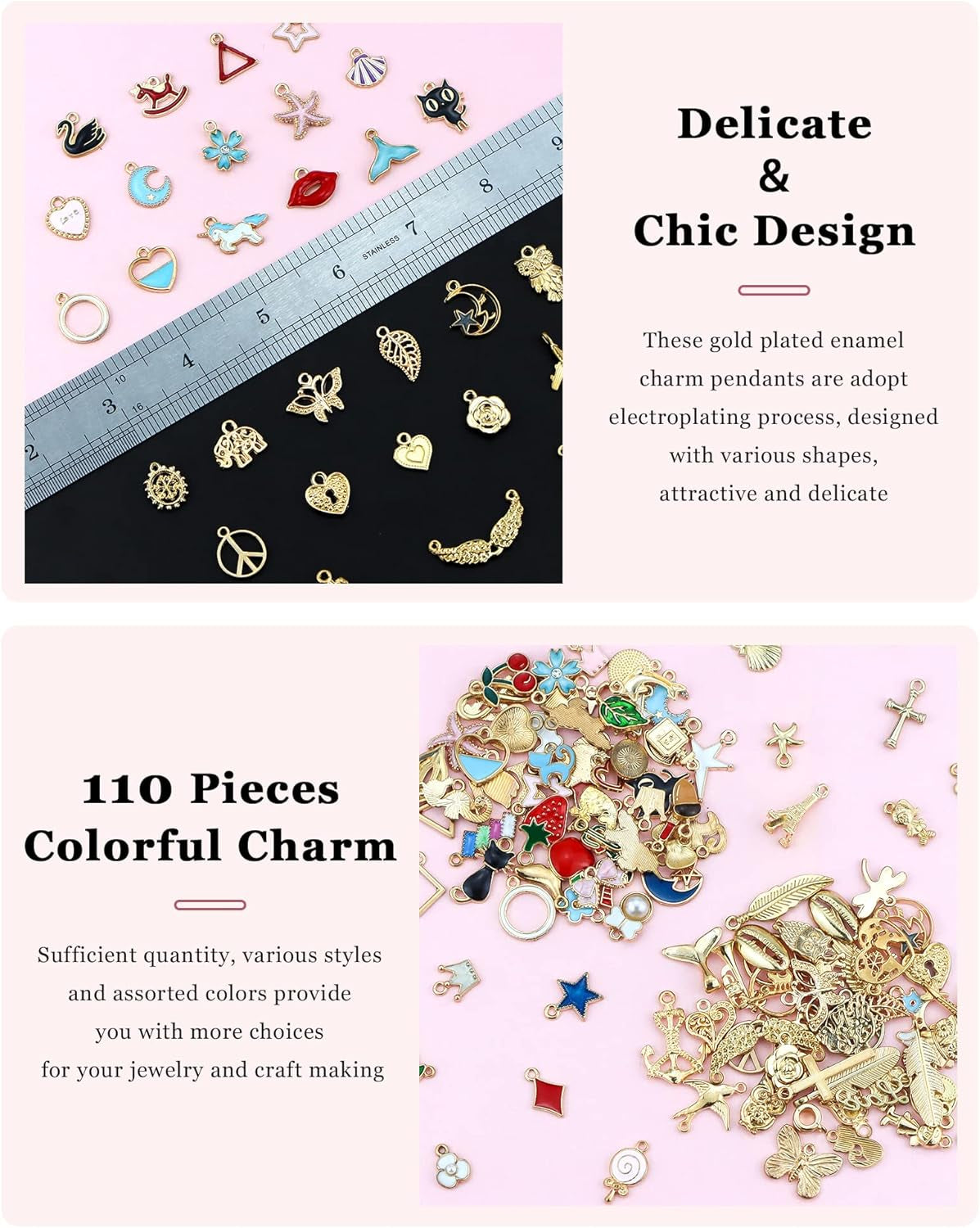 110Pcs Assorted Gold Plated Enamel Pendants Charms for Jewelry Making Necklace Bracelet Craft Supplies