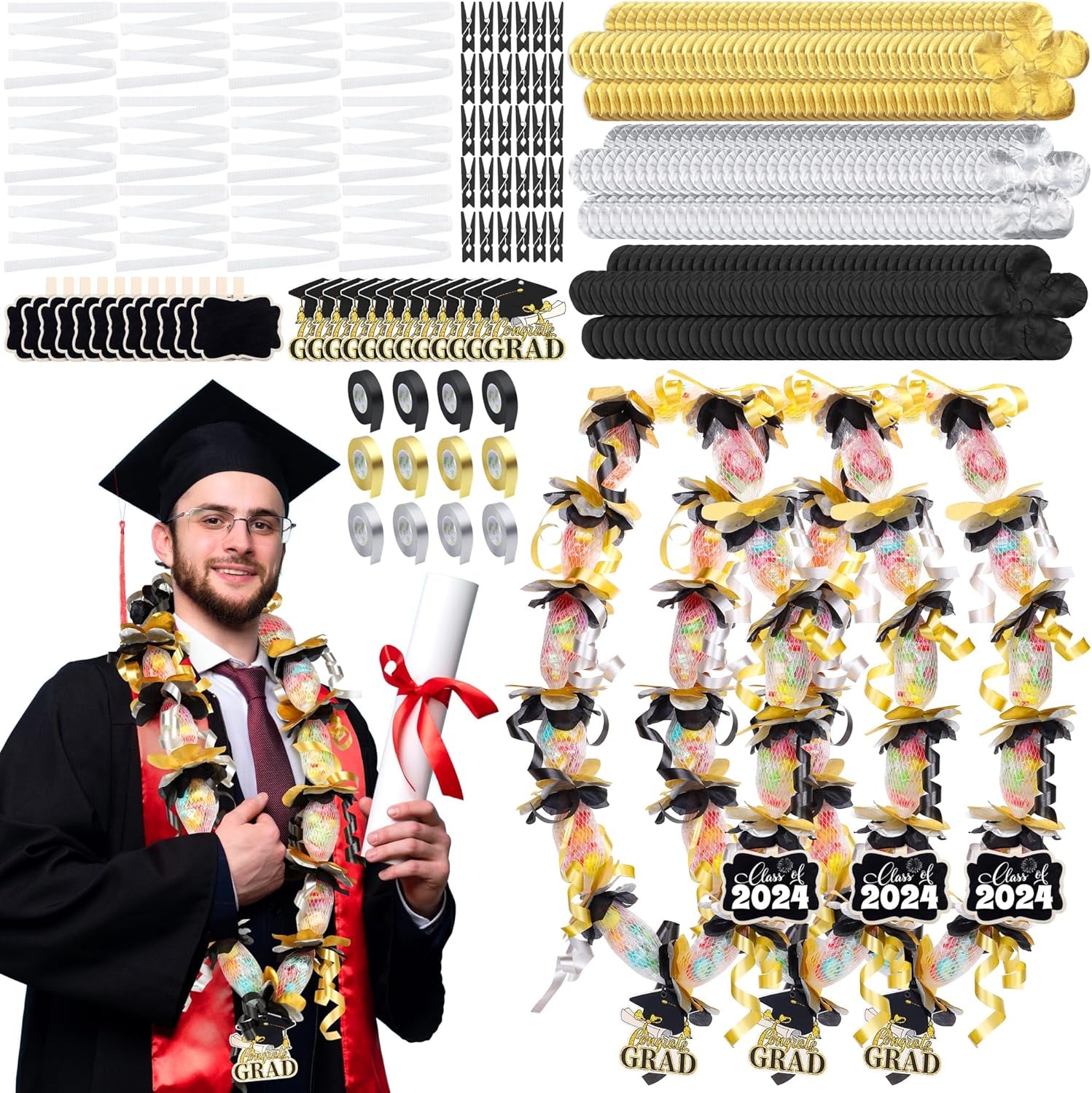 12 Sets 2024 Graduation Candy Lei Making Kit Candy Lei Tubing Include Mesh Poly Tubing 197 Yard Gift Ribbon Grad Petal Clip Mini Chalkboards Grad Cap Card for Crafts Graduation Party Gift, Blue