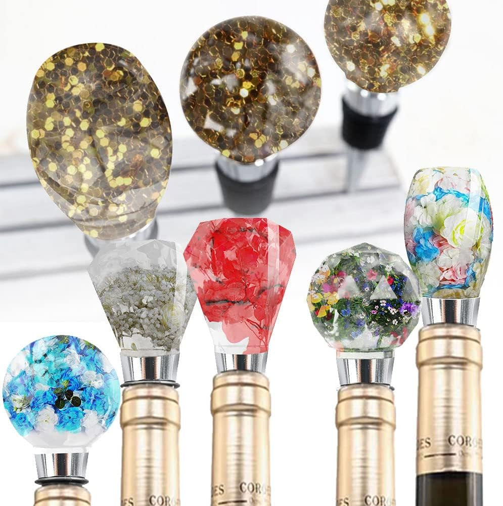 JOFAVIU 15 Pcs Resin Wine Bottle Stoppers Molds Set, Wine Stopper Silicone Molds for Epoxy Resin, Stopper Epoxy Resin Silicone Molds Set Kits (5 Molds with 10 Stoppers)