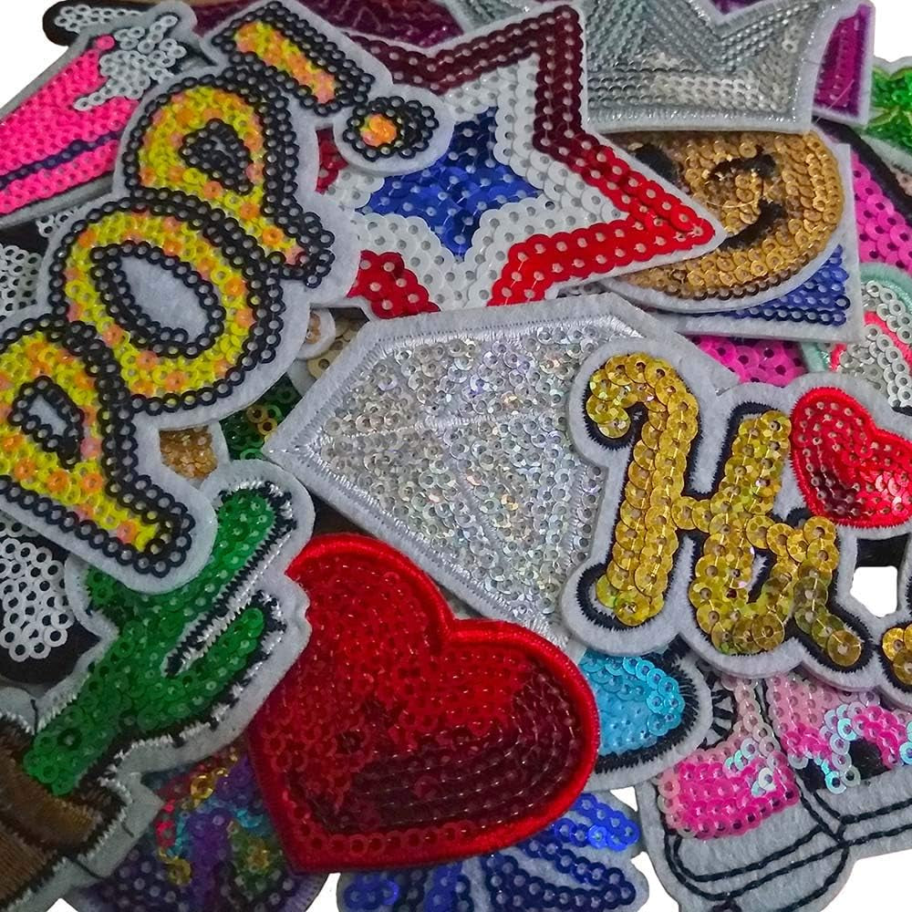 32Pcs Assorted Styles Colorful Sequins Sewing On/Iron on Embroidered Patches Clothes Dress Hat Pants Shoes Curtain Sewing Decorating DIY Craft Embarrassment Applique Patches (Sequins-2)