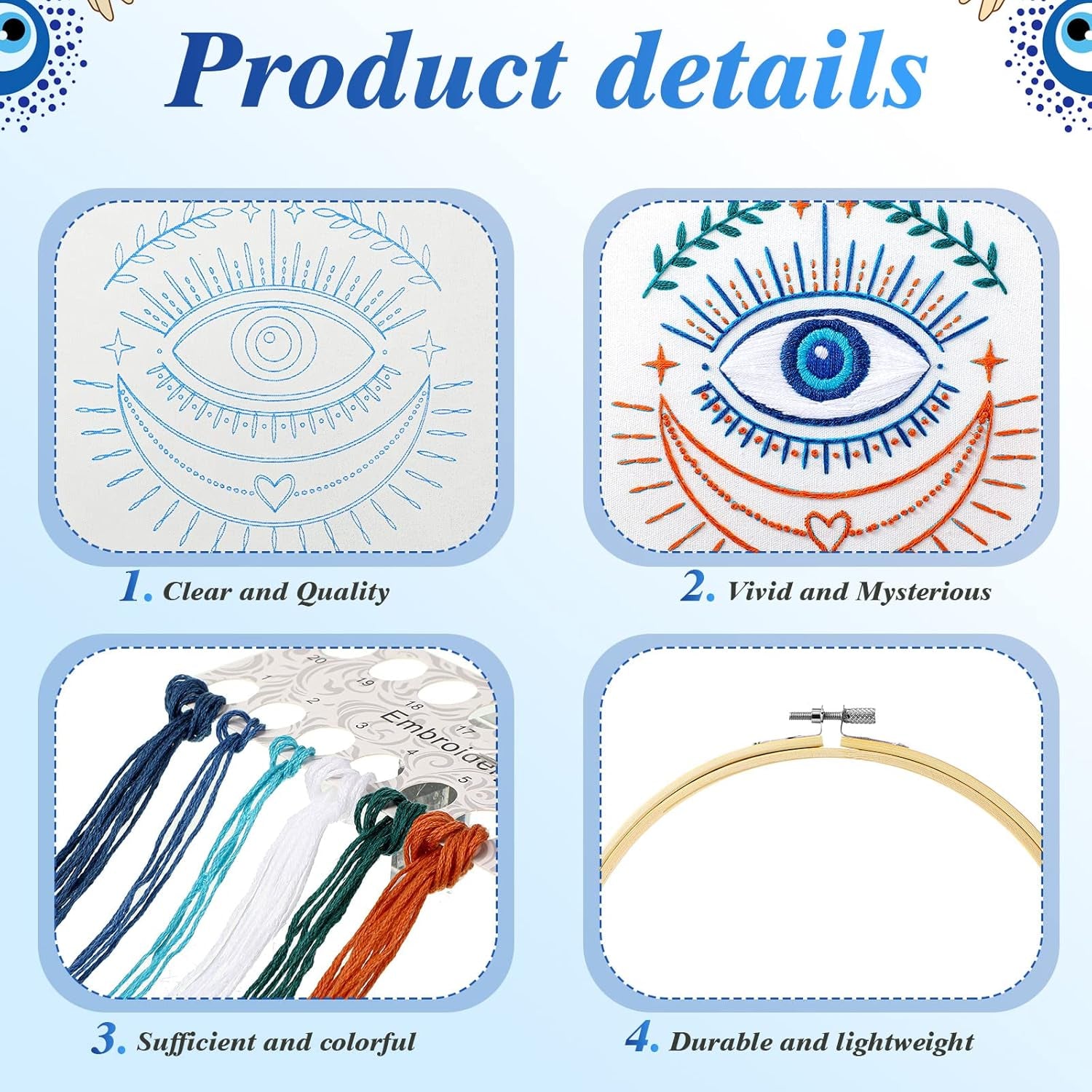 4 Set Embroidery Kits for Adults Beginner Evil Eye Cross Embroidery Kits with Patterns Instructions Embroidery Hoops Needles Colored Threads Needle Detector for Adult DIY