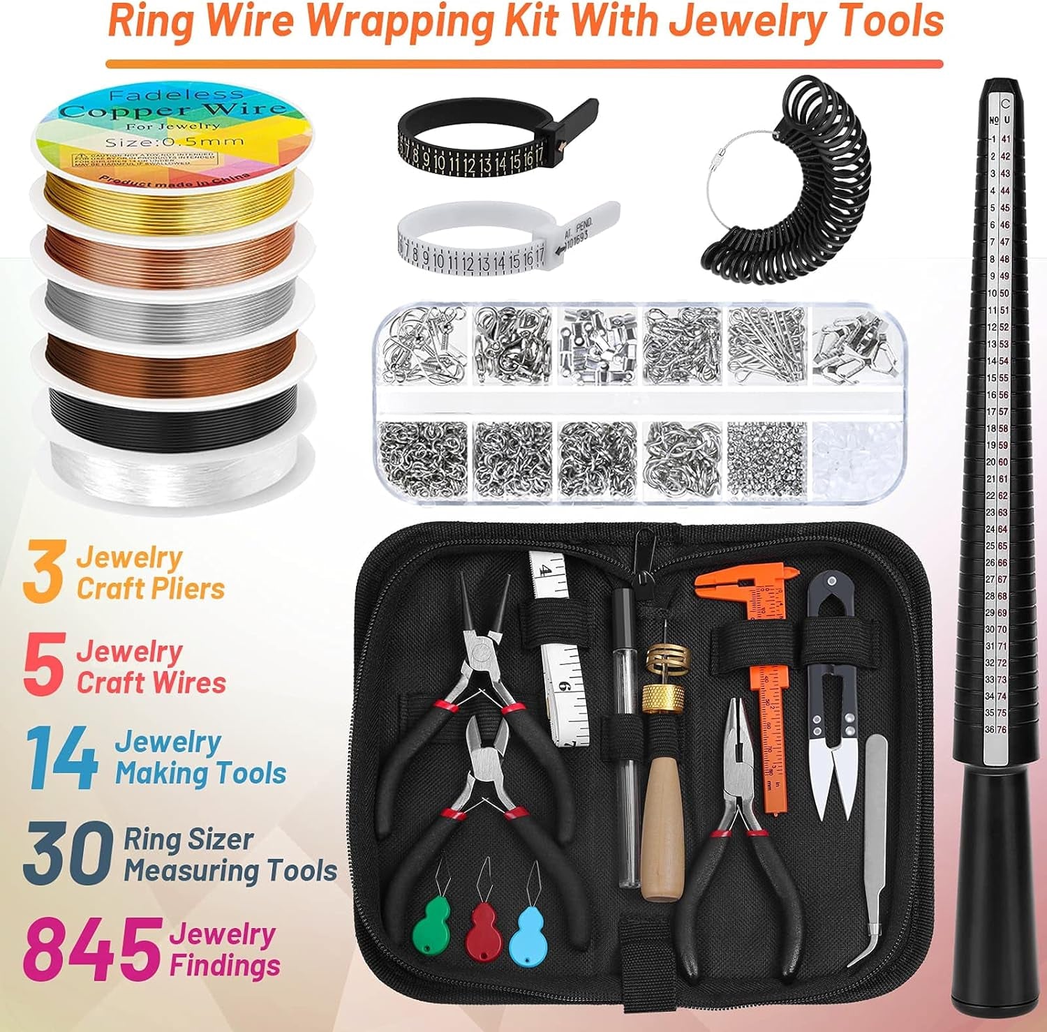 Jewelry Wire Wrapping Jewelry Making Supplies Kit, Ring Sizer Measuring Tools Kit with Tools, Ring Craft Wires, Jewelry Findings for Rings Repair