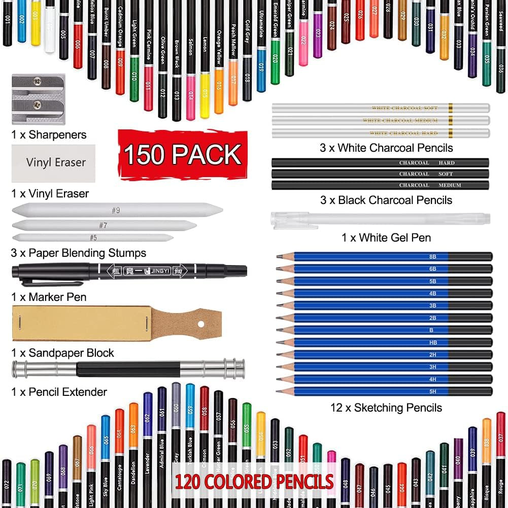 150 Colored Pencils Set for Adults Coloring Books with 3-Color Sketchbook, Graphite, Charcoal Pencils for Drawing Sketching Blending Shading, Quality Soft Core Oil Based