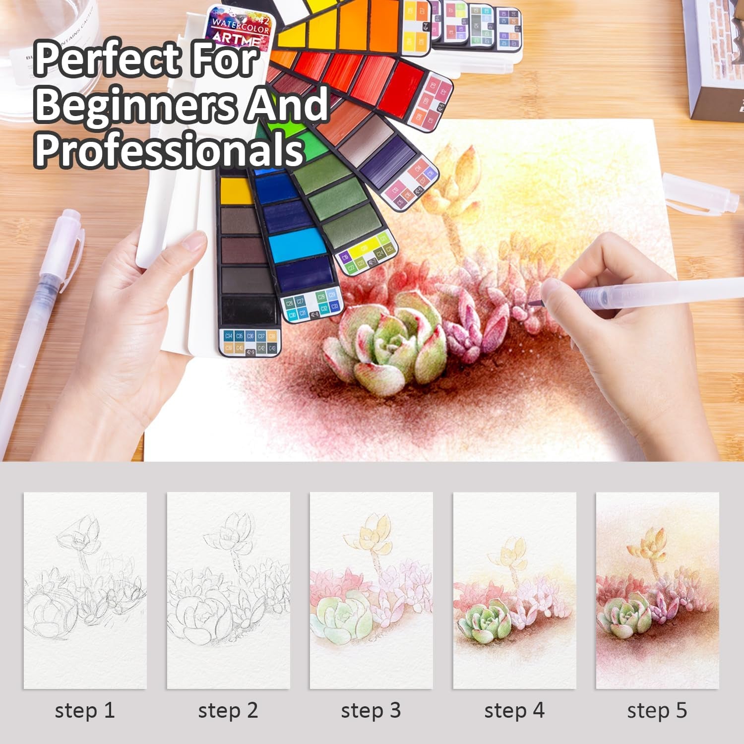 Watercolor Paint Set – 42 Assorted Colors with 3 Brushes – Perfect Foldable Watercolor Field Sketch Set for Outdoor Painting –Travel Pocket Watercolor Kit