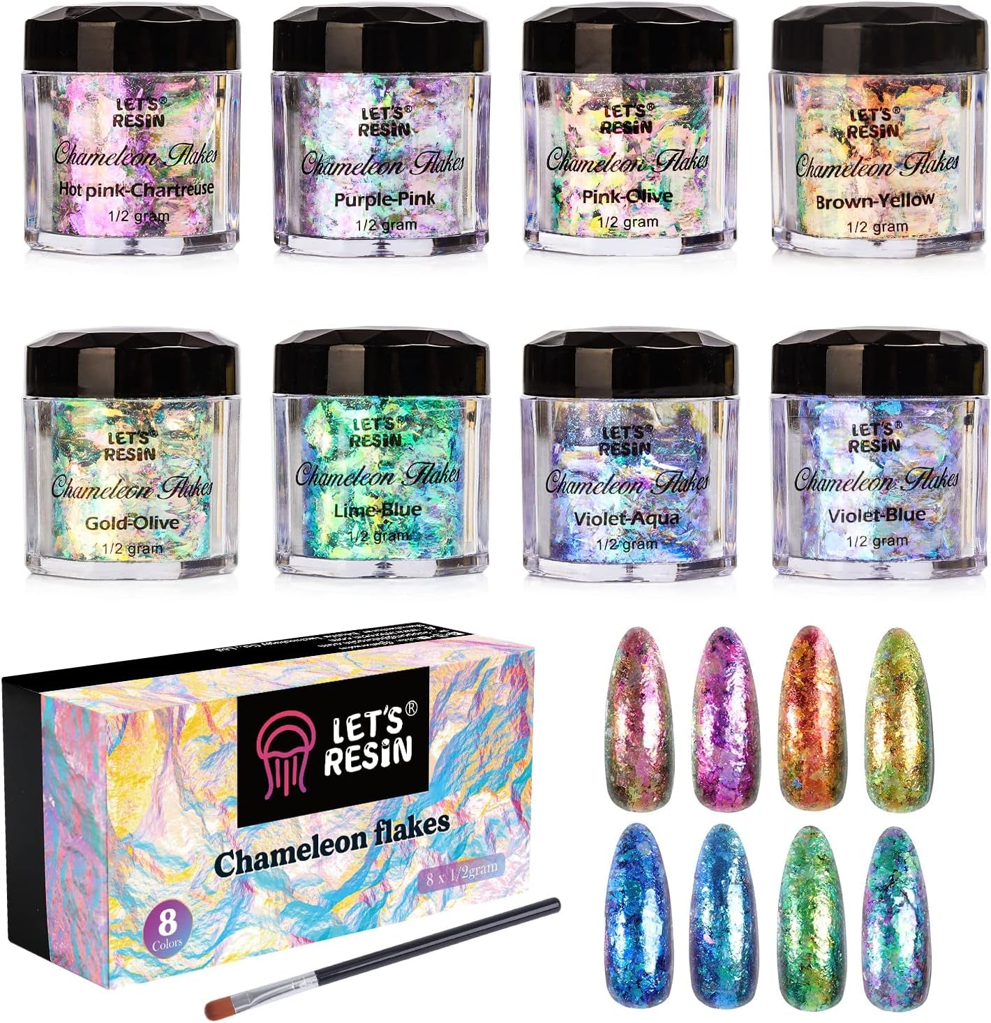 Chameleon Chunky Flakes, Resin Supplies-8 Color Intense Colorshift Pigment Powder for Resin Crafts/Tumblers, Chrome Powder Iridescent Eyeshadow Flakes for Nail Art/Paints/Soap Making