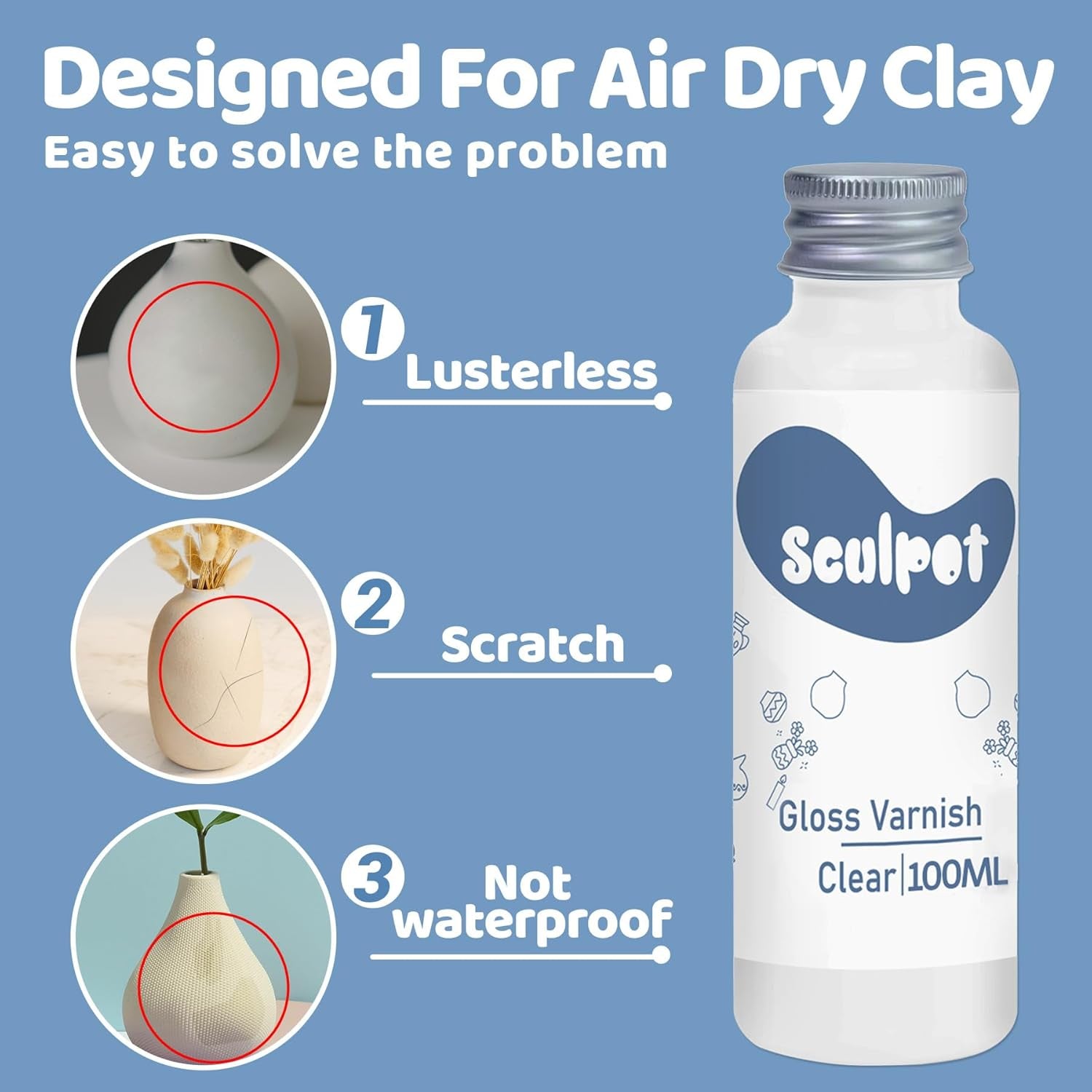 Clay Varnish for Air Drying Clay, 100ML Gloss Finish Air Dry Clay Glaze, High Gloss &amp; Water Proof, and Scratch Resistant, Design for Air Dry Clay Pottery (Gloss Varnish)
