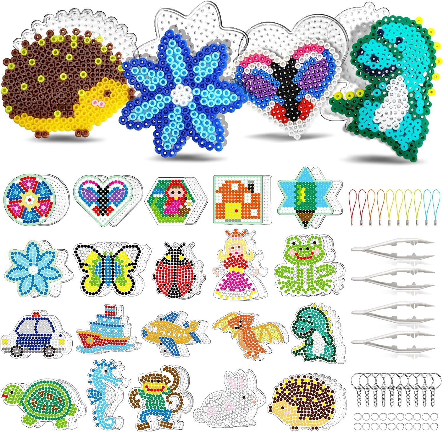 20 Pcs 5Mm Fuse Beads Pegboards - Animal Shape Pegboards for Arts and Crafts Projects with Keychains, Hang Ropes and Beads Tweezers, Fuse Beads Gift Set
