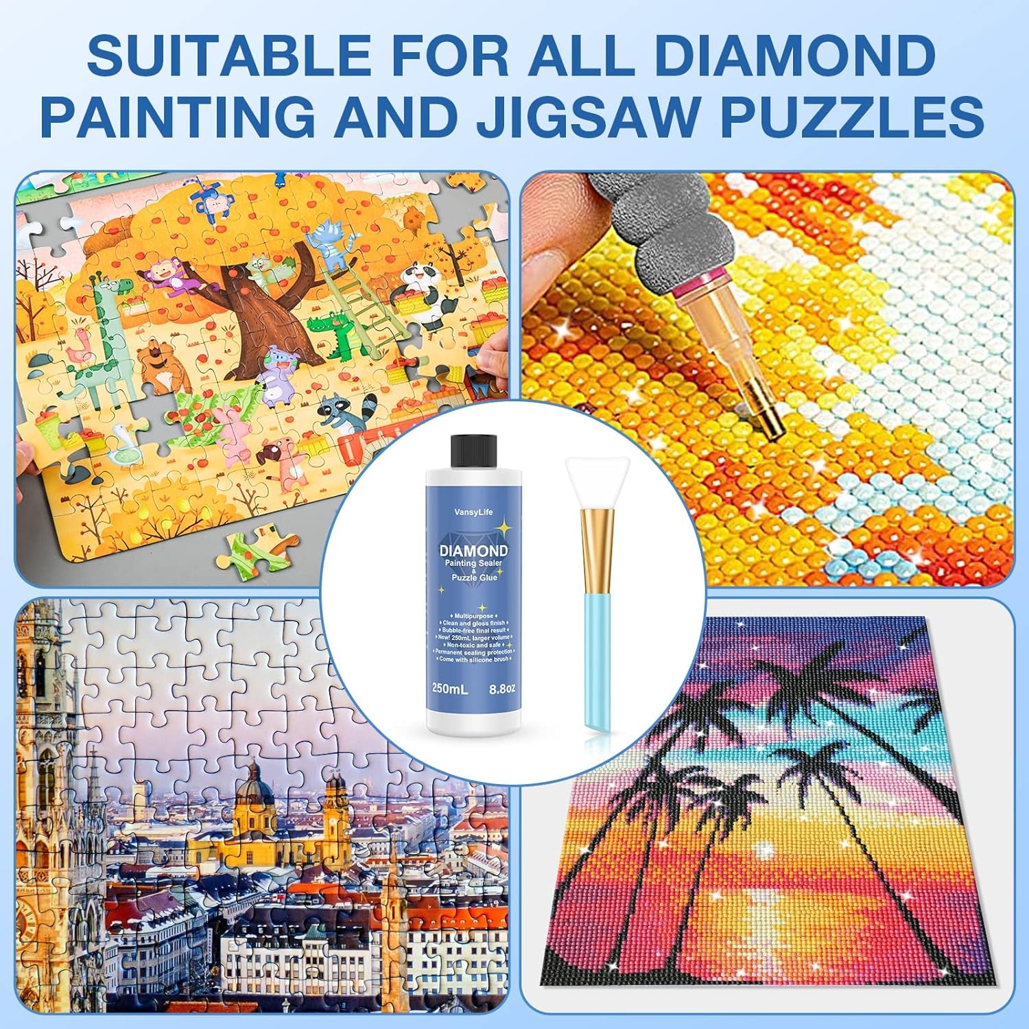 Updated Diamond Painting Sealer 250ML with Silicone Brush, 5D Diamond Painting Glue Accessories Permanent Hold & Shine Effect for Diamond Painting and Jigsaw Puzzles (8.8 OZ)