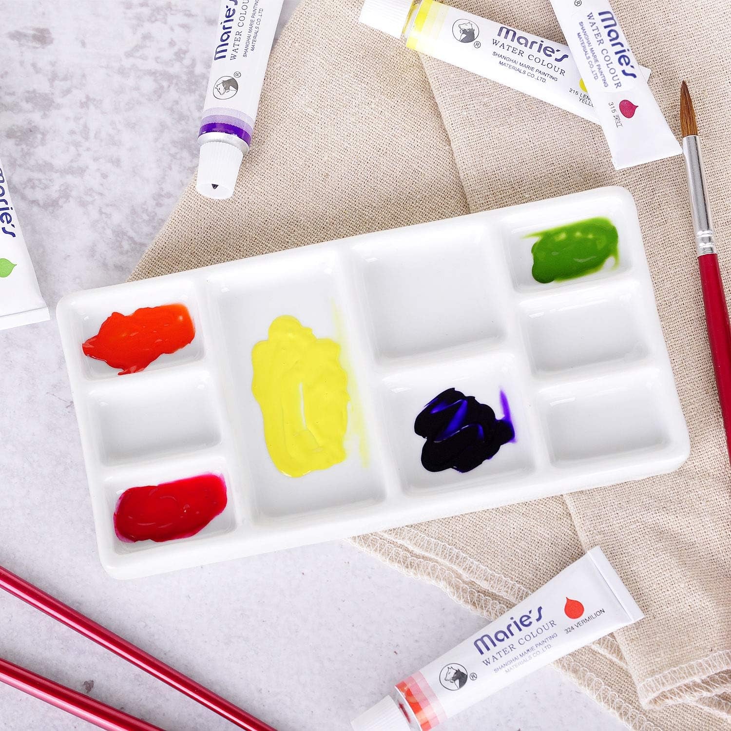 White Square Ceramic Artist Paint Palette,Porcelain Watercolor Palette,Ceramic Mixing Tray for Watercolor Gouache Painting