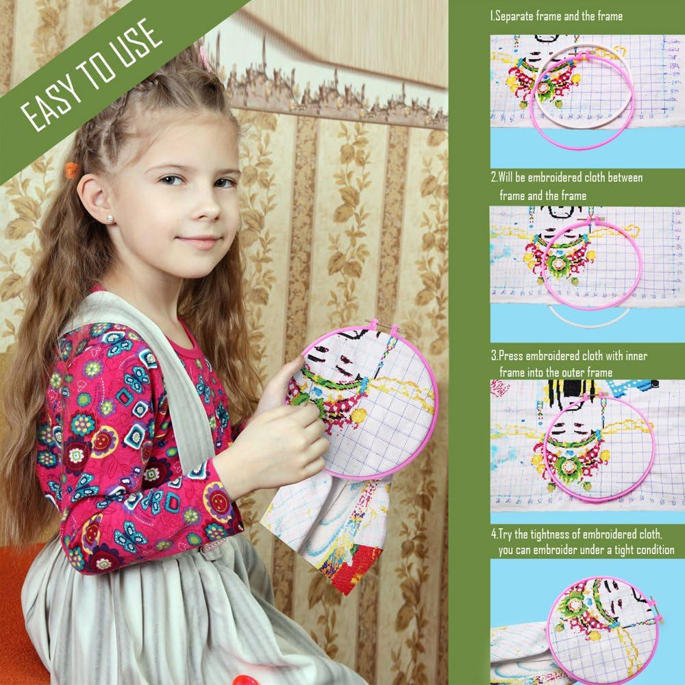 6 Pieces Embroidery Hoops and 15 Needles, Plastic Circle Cross Stitch Hoop Ring Embroidery Circle Set, 3.4 Inch to 10.4 Inch (Multicolor)