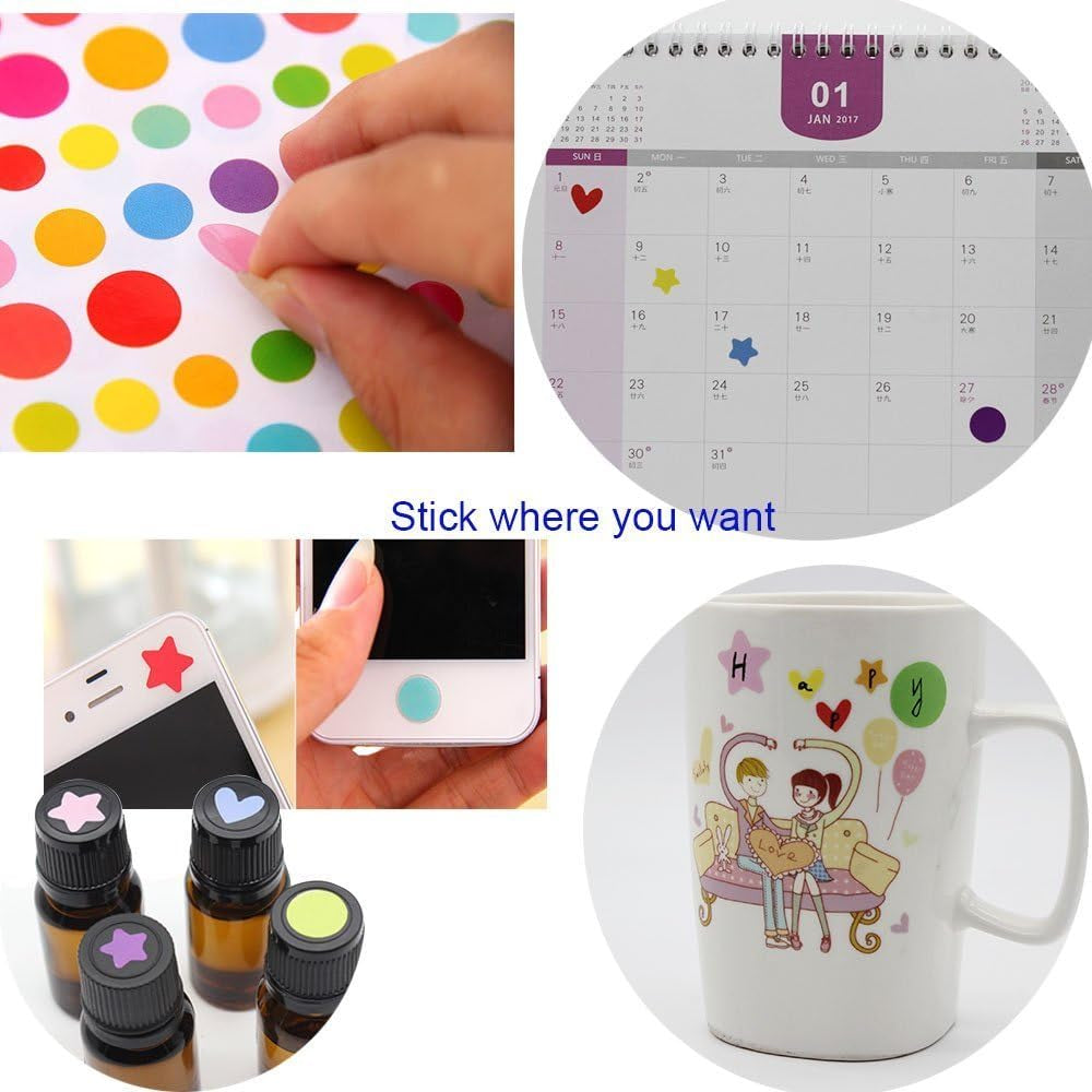 18 Sheets 1512 Pcs Colorful Dot Heart and Star Shape Self Adhesive Stickers, for Scrapbooking and Kid DIY Arts Crafts (Mixed Dots,Hearts,Stars, 18 Sheets)