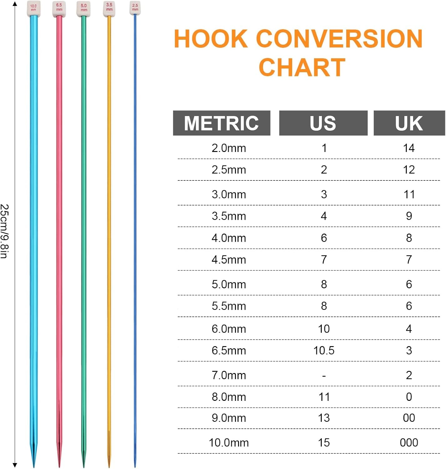 28Pcs/14 Pairs Stainless Steel Knitting Needles Set, Colored Straight Single Pointed Metal Knitting Needles, 14 Size from 2.0Mm-10.0Mm, 9.8 Inches Length for Handmade DIY Knitting (25Cm)