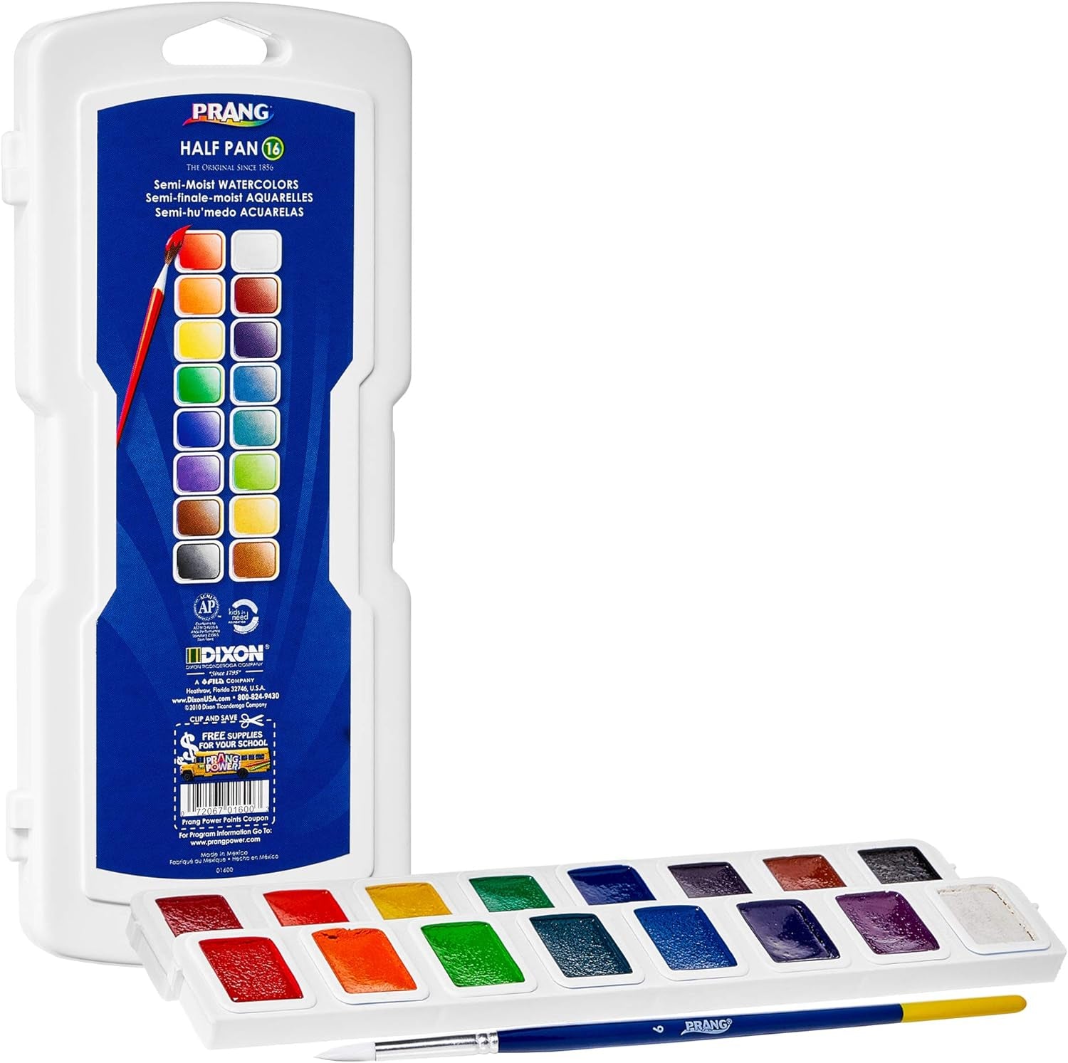 Half Pan Watercolor Paint Set with Brush and Lid, Refillable, 16 Assorted Colors, (01600), 18 Piece Set
