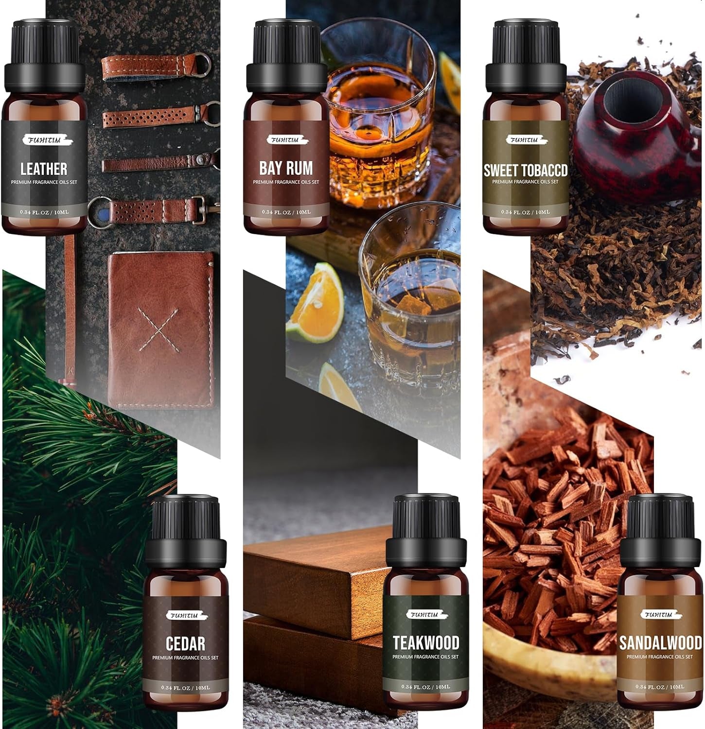 Fragrance Oil Gentlemen'S Set, Scented Oil for Candle Scents for Candle Making, Soap Making Scents, Diffuser Oils Scents | Leather, Sweet Tobacco, Teakwood, Bay Rum, Cedar, Sandalwood (6*10ML)