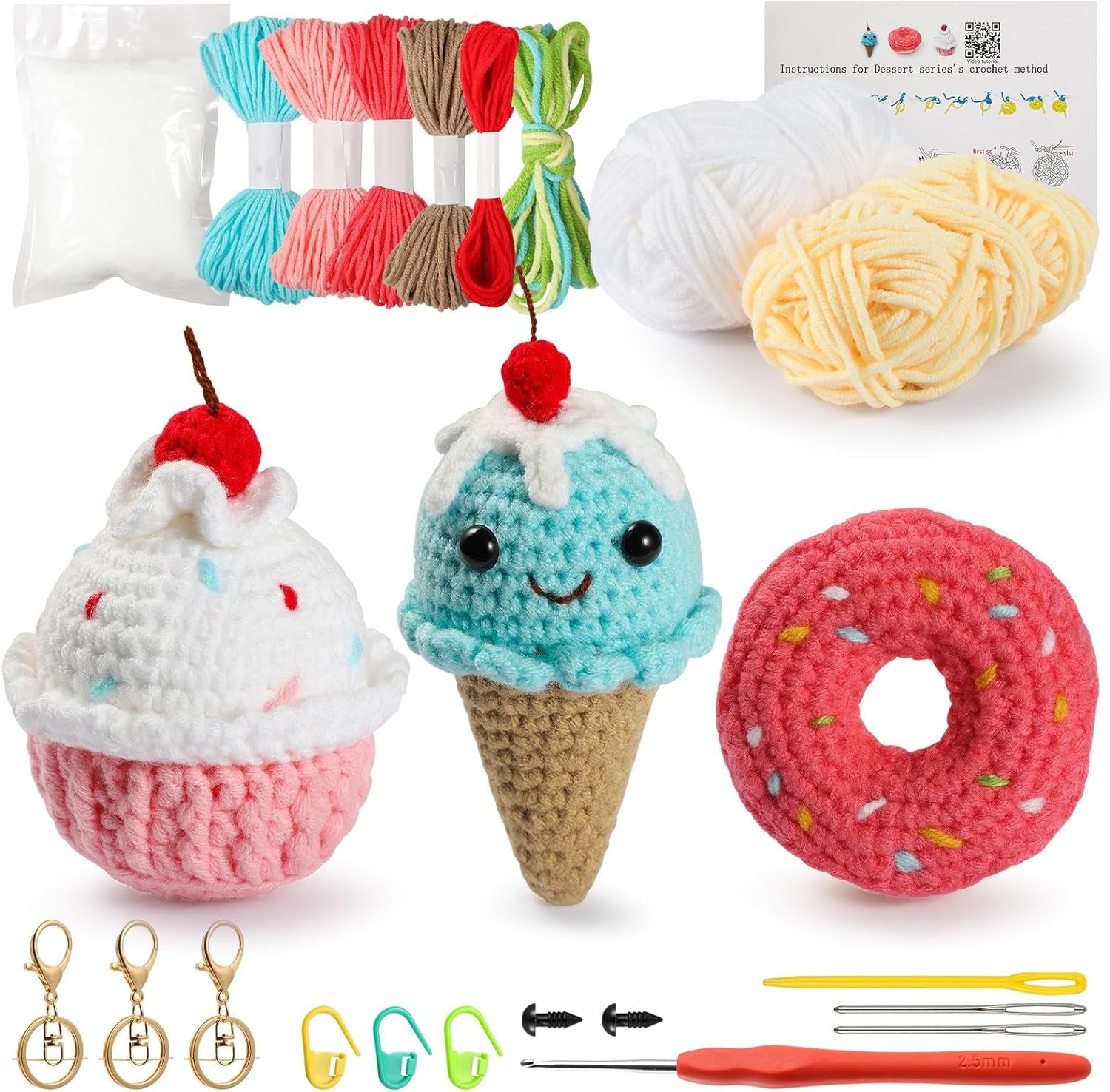 Crochet Kit for Beginners, 3Pcs Dessert Beginner Crochet Kit for Kids and Adults, Crochet Starter Kit DIY Knitting Kit with Step-By-Step Video Tutorial