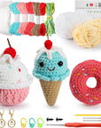 Crochet Kit for Beginners, 3Pcs Dessert Beginner Crochet Kit for Kids and Adults, Crochet Starter Kit DIY Knitting Kit with Step-By-Step Video Tutorial