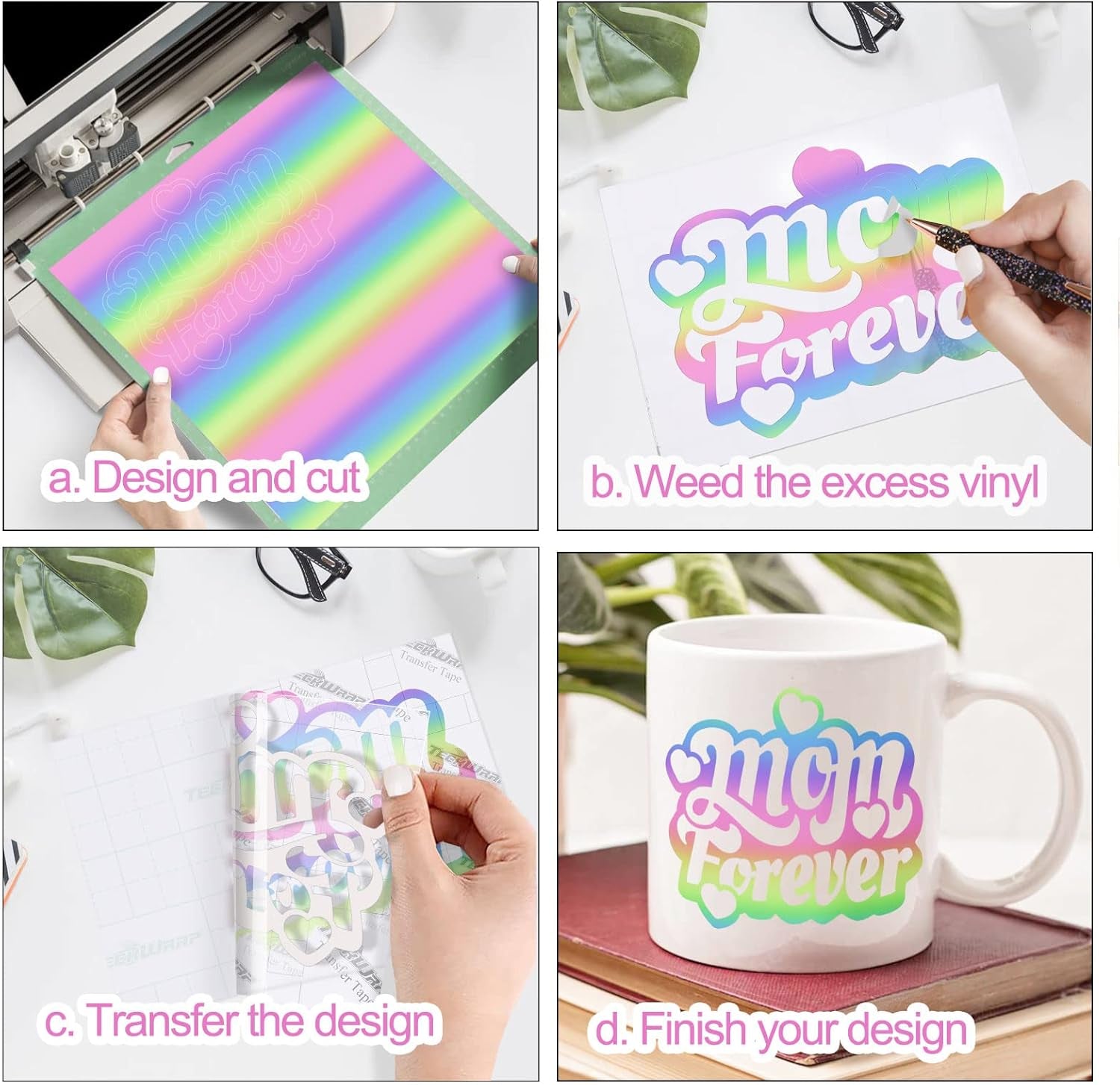 Holographic Vinyl Glossy Candy Color Adhesive Vinyl for Craft Cutter 12" X 5Ft, Pastel Rainbow