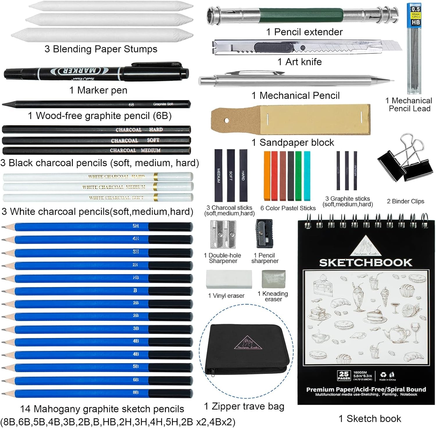 50Pcs Sketching Drawing Pencils Set Art Supplies | Sketch Pencils,Graphite,Charcoal,Sketch Book,Drawing Supplies | in Black Zipper Case | for Adults,Teeage, Kids 9-12