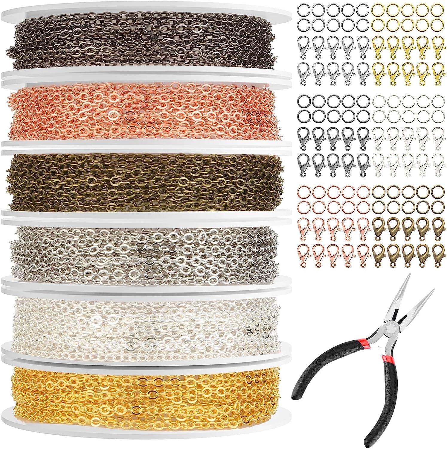 Chains for Jewelry Making, 60Ft Jewelry Making Chains for Necklace with Pliers, Open Jump Rings and Lobster Clasps for Making Jewelry DIY Necklace Bracelet Anklet, 6Colors 2Mm