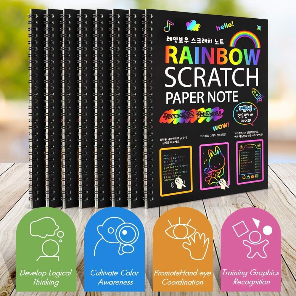 8 Pack Scratch Arts Drawing Notebook Paper for Kids Art Supplies, Large Rainbow Scratch and Sketch Books Set for Kids Party Favors