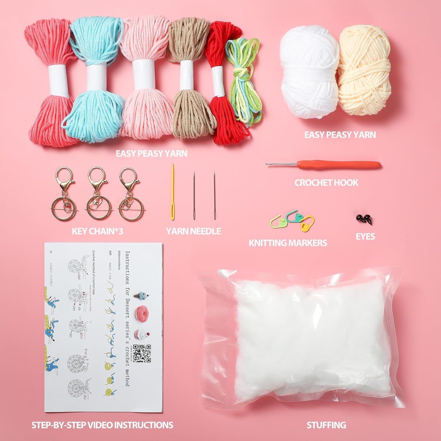 Crochet Kit for Beginners, 3Pcs Dessert Beginner Crochet Kit for Kids and Adults, Crochet Starter Kit DIY Knitting Kit with Step-By-Step Video Tutorial