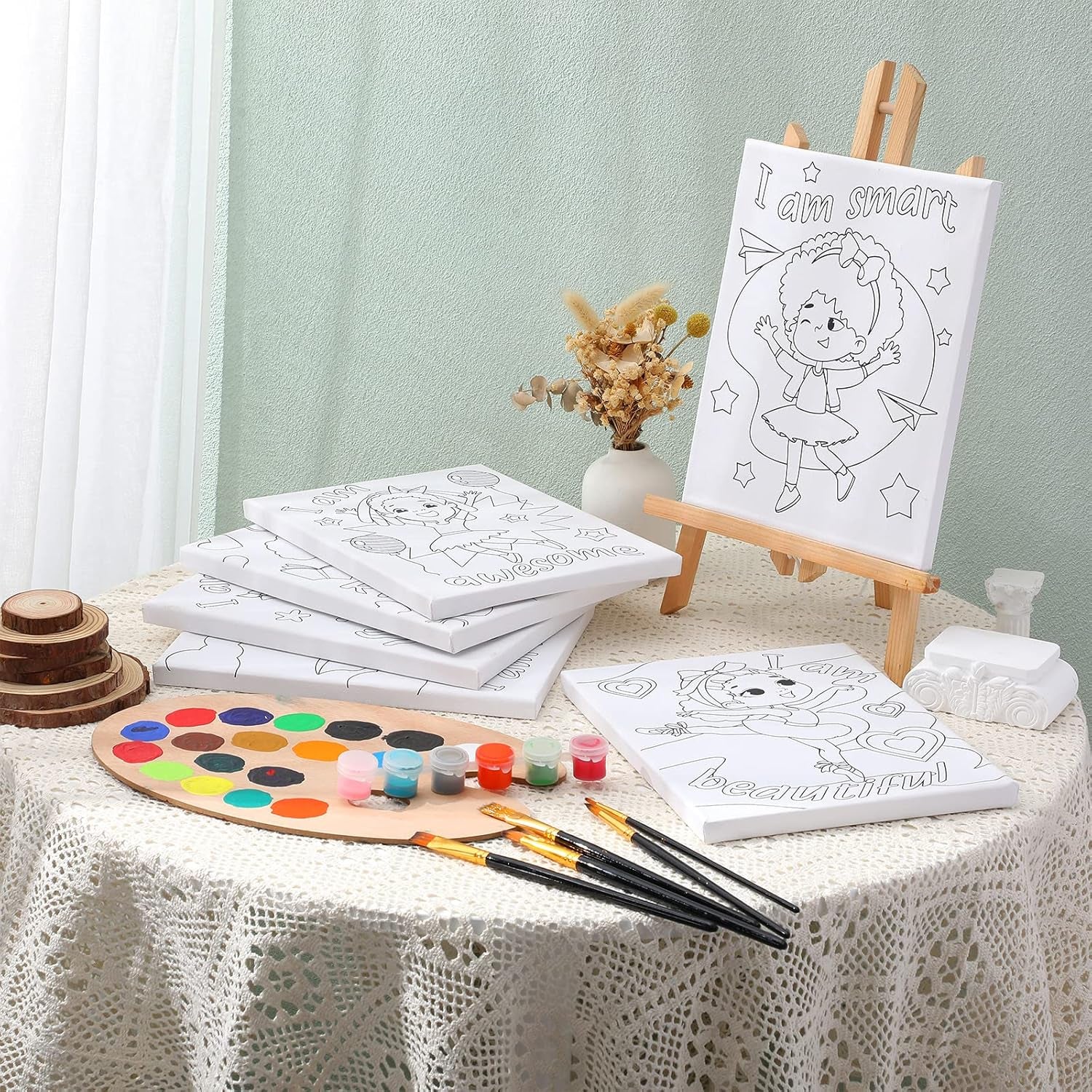 6 Pieces Black Girl Pre Drawn Canvas for Painting 8 X 10 Inch Pre Drawn Stretched Canvas Stretched Outline Canvas Sip and Paint Kit for Adults Kids Paint Birthday Gifts