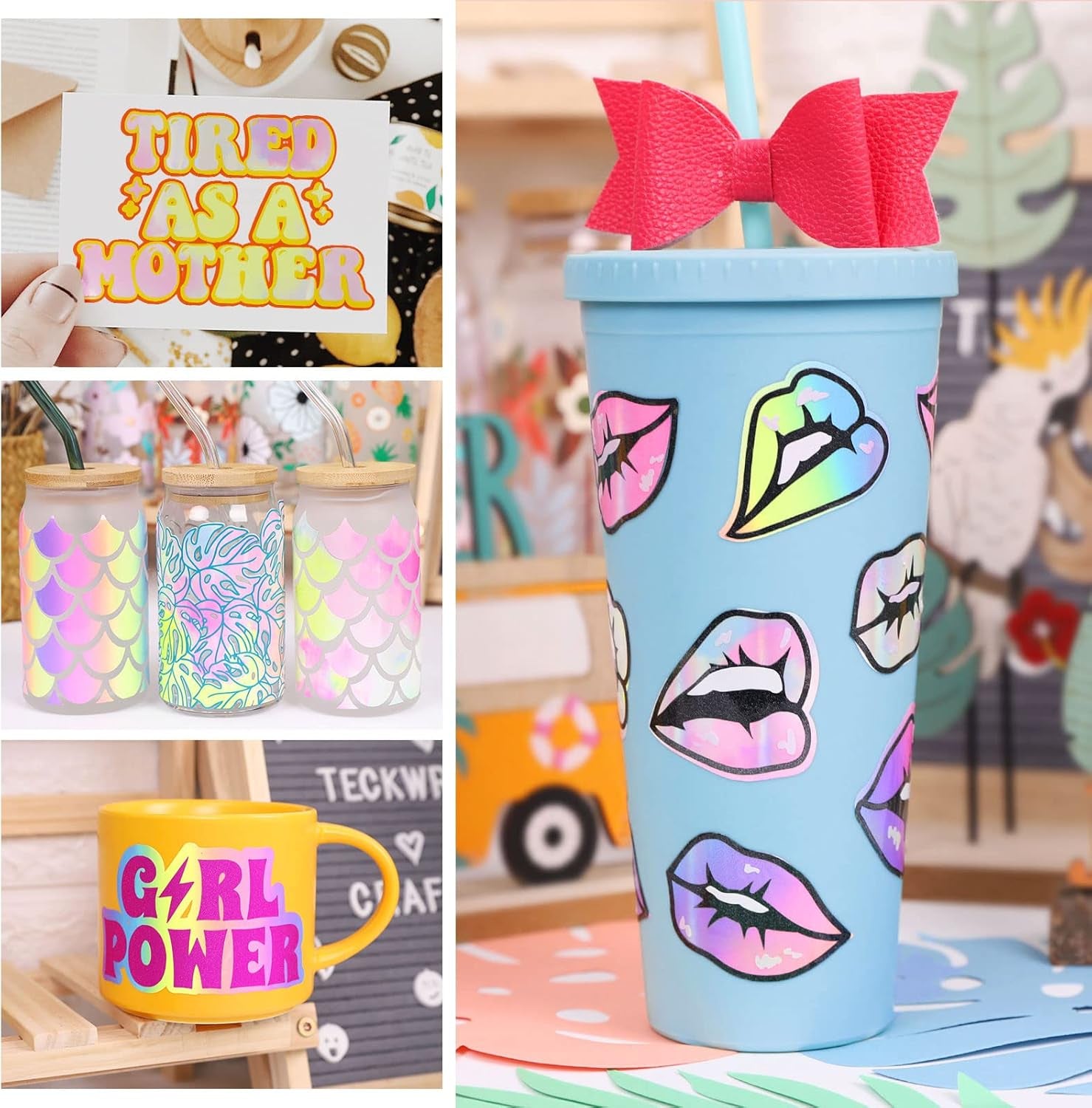 Holographic Vinyl Glossy Candy Color Adhesive Vinyl for Craft Cutter 12" X 5Ft, Pastel Rainbow