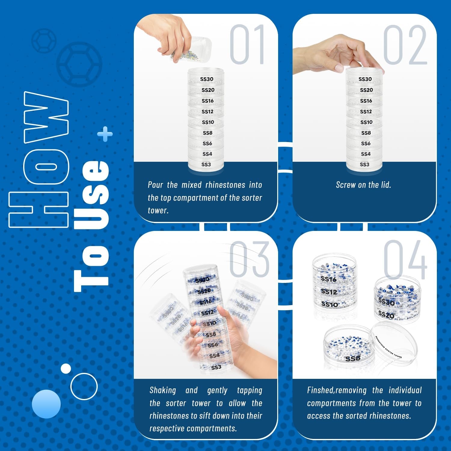 Rhinestone Sorter Tower, Rhinestone Sorter by Size for Crafts, Stackable Rhinestone Sorter Shaker Tower by Size, a Sorting System for Separating Rhinestones by Size from SS3 to SS30