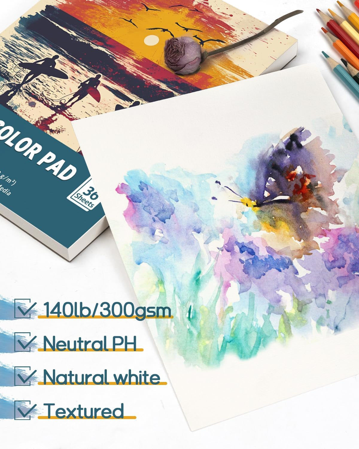 Watercolor Paper Pad 9X12 Inch, 140 Lb (300Gsm) 72 Sheets (2 Packs), Textured Painting Paper, Glued Binding - Ideal for Art, Drawing, Mixed Media, Artists, Students, Kids