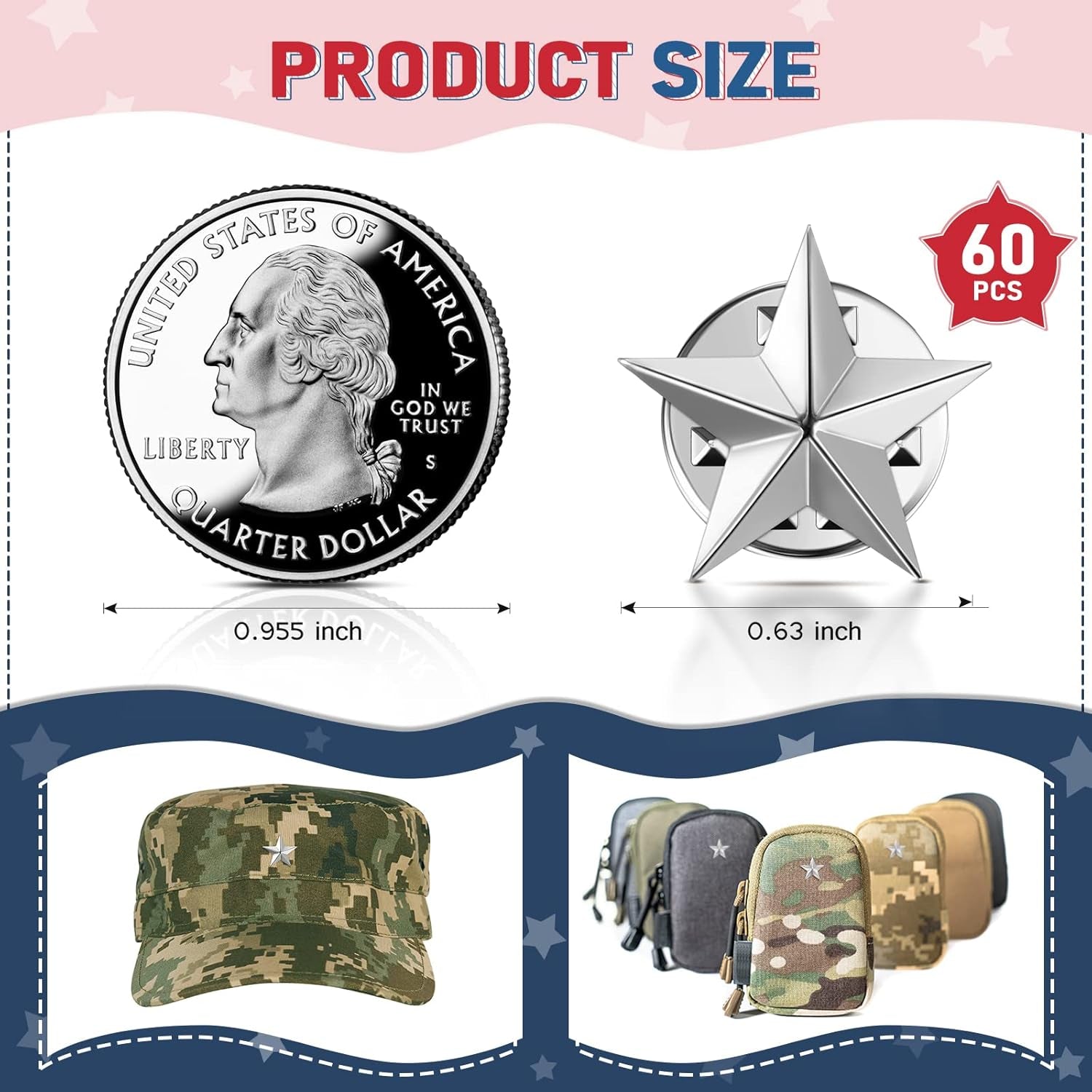 60 Pieces Star Badge Lapel Pin Veterans Day Star Pins for Backpacks Star Badge Pins Military Award Pins Labor Day 4Th of July Memorial Day Stars Brooches