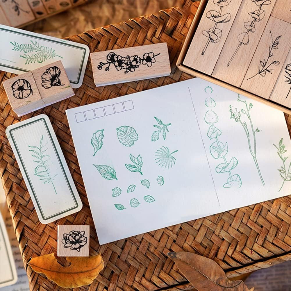 22 Pcs Plant Wooden Rubber Stamps Set, Plant Decorative Wooden Stamp DIY Craft Wooden Rubber Stamps (Plant 1)