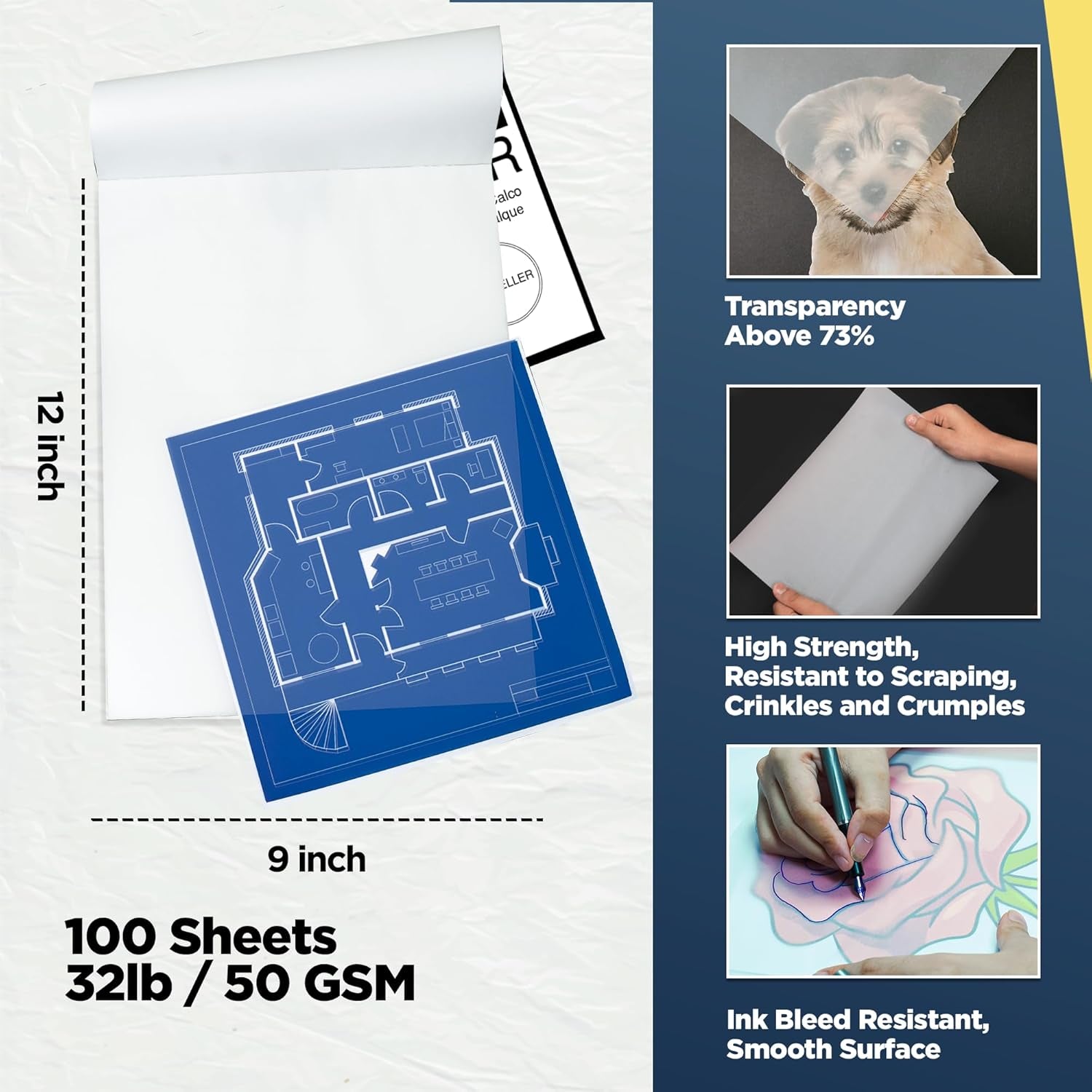 Tracing Paper for Drawing 9”X12" - 100 Sheets of Tracing Paper Pad, 50Gsm Artistic Tracing Paper for Kids, Transparent Paper for Trace Images, Sketch, Drawing by