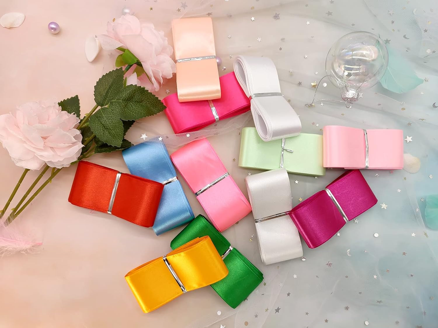 1 1/2" Single Face Satin Ribbon Assortment-100 Yards 25 Colors- Fabric Bulk Craft Ribbon for Gift Wrapping, Bow,Craft, Wreath,Binding Blanket (Multi-Color)