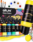 Stain Glass Paint Set with 6 Brushes, 1 Palette & 1 Sponge, 26 Colors Waterproof Permanent Glass Painting Kit for Arts on Wine Glasses,Bottle and Windows