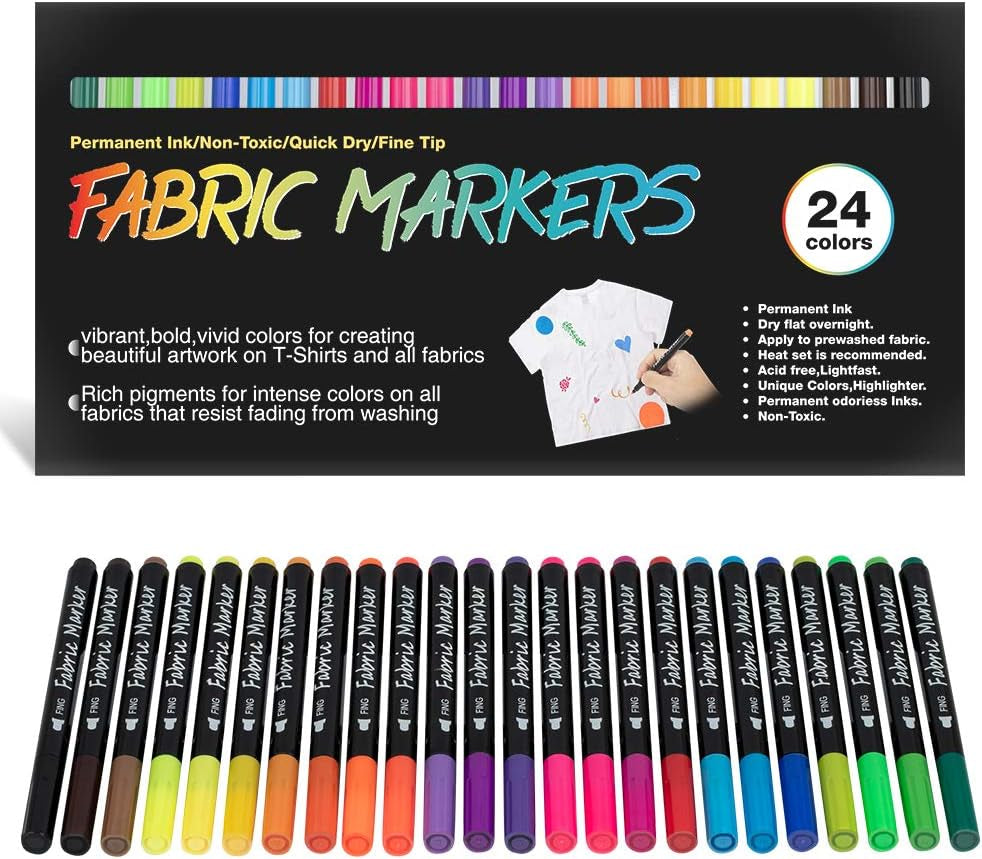 Fabric Markers Permanent for T Shirts Baby Clothes Onesies Bibs White Pillow Canvas Tote Bags Clothing - No Bleed - Fine Tip - Child Safe & Non Toxic Fabric Paint Pens Set of 24 Colors