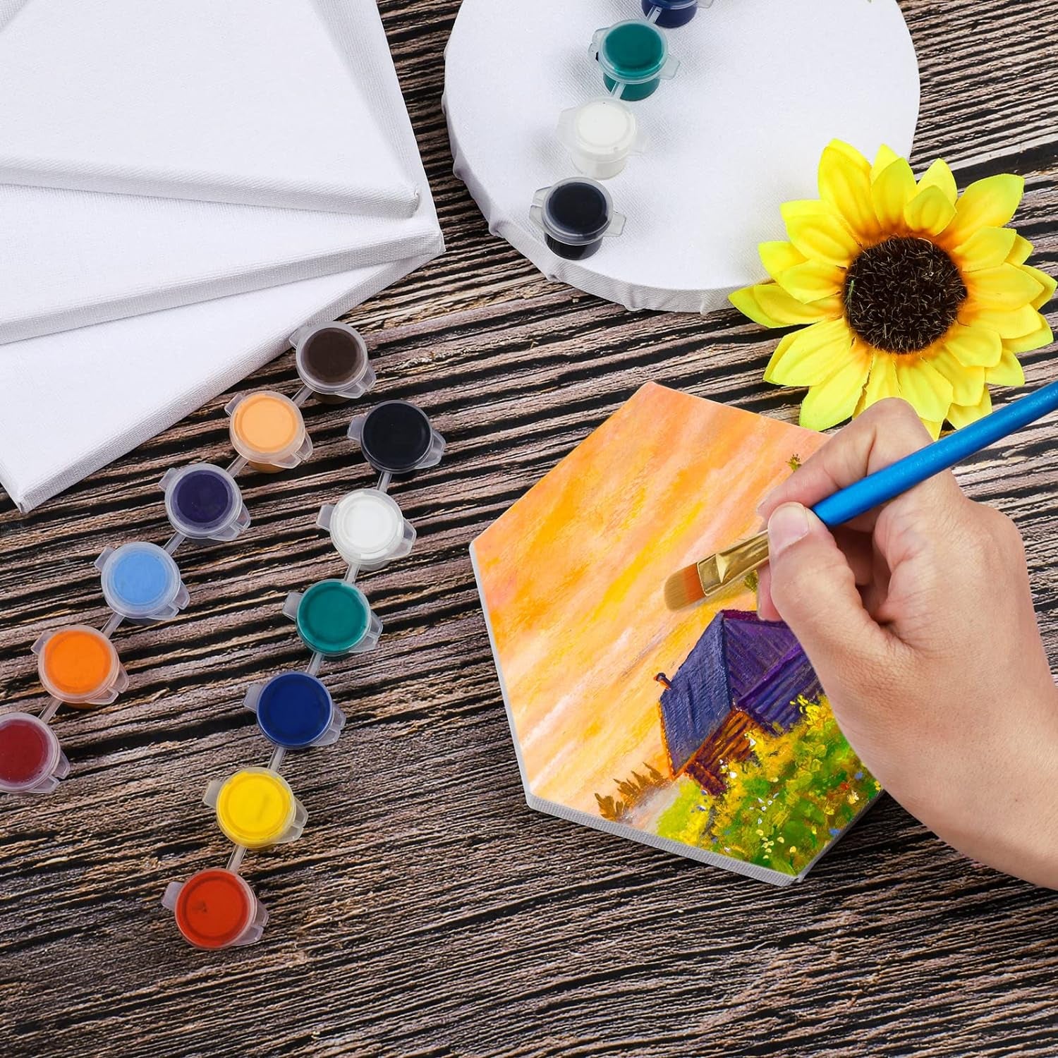 12 Pieces Stretched Canvas Blank Painting Canvas 6 Inch Panel Artist White Canvas Boards Triangle Square Hexagon round Shape Canvas Frame for Acrylic Pouring Oil Painting