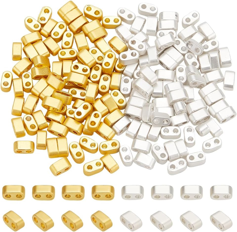 160Pcs 2-Hole Seed Beads 24K Gold 925 Sterling Silver Plated Tila Beads Multi-Strand Linking Connectors Synthetic Hematite Beads for Cord Bracelets Necklace Jewelry Making