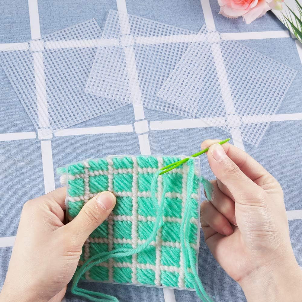33 Pieces Mesh Plastic Canvas Sheets Kit Including 15 Pieces Clear Plastic Canvas, 12 Color Acrylic Yarn and Embroidery Tools for Embroidery Plastic Canvas Craft