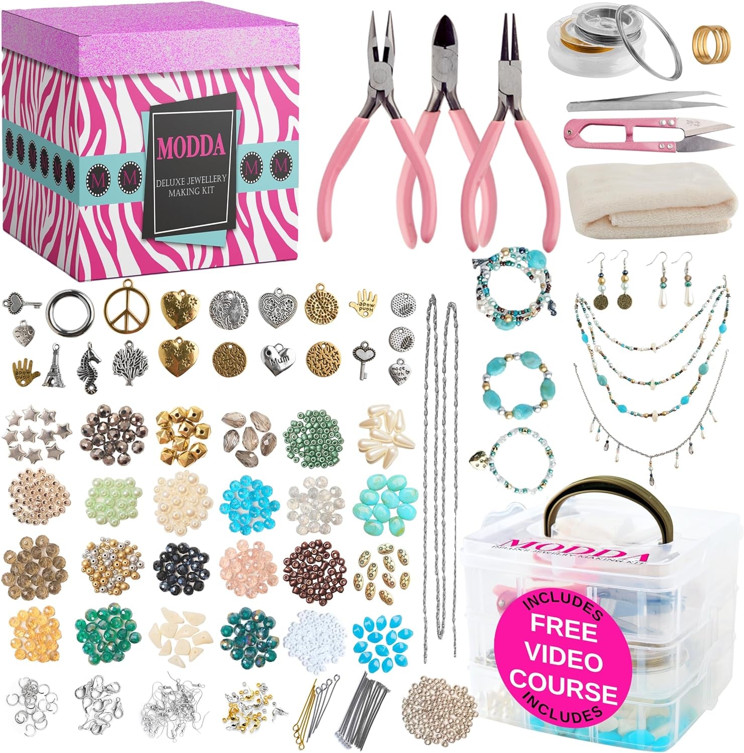 Deluxe Jewelry Making Kit with Video Course, Includes Instructions, Beads, Necklace, Bracelet, Earrings Making, Crafts for Adults, Beginners, Christmas Gift for Teens, Girls 13-15, Moms, Women