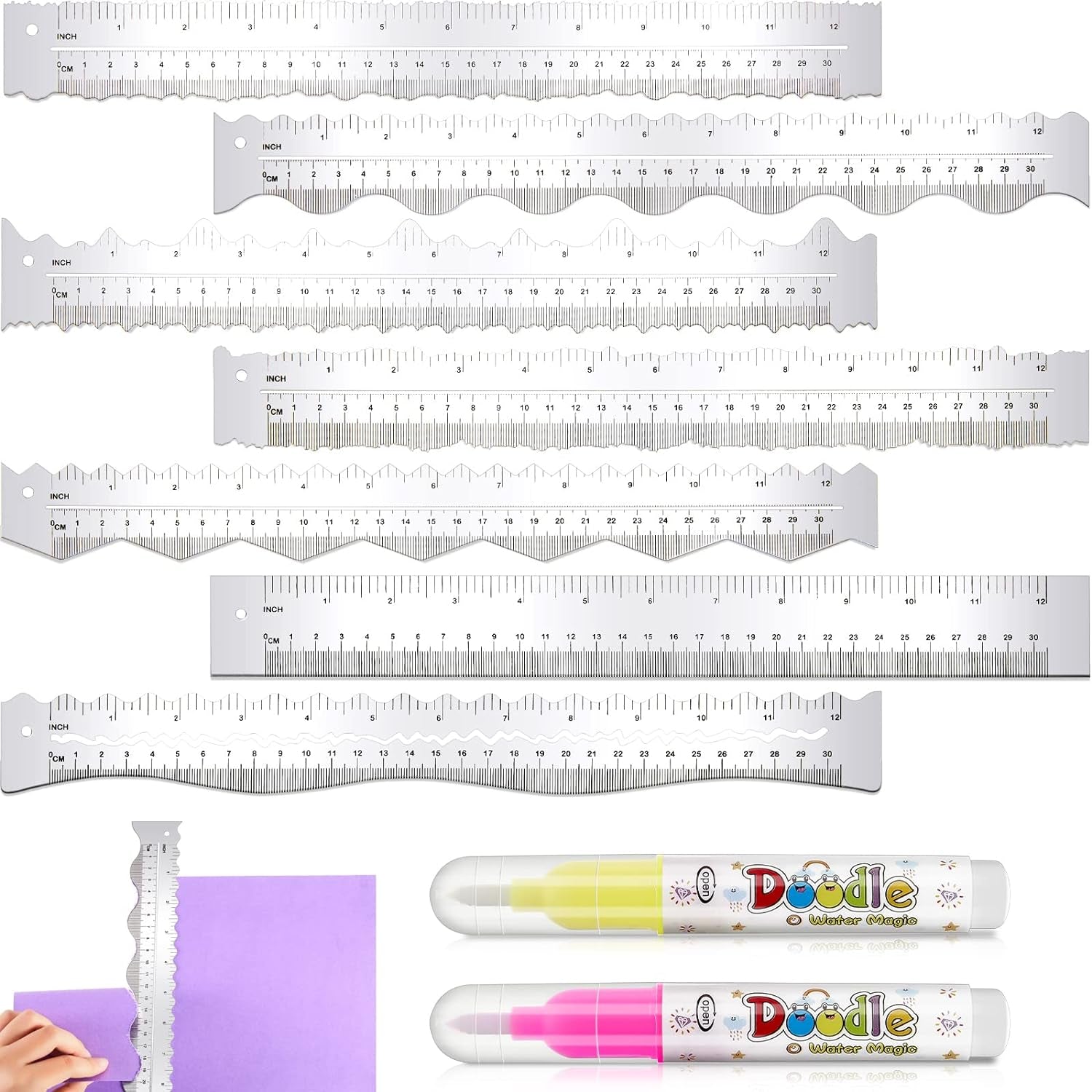 7 Pcs Metal Paper Tearing Ruler Deckle Edge Ruler Craft Ruler Stainless Steel Paper Cut Tool 12 Inch Irregular Edges Ruler Measurements Tool with 2 Watercolor Pen for Craft School Scrapbook