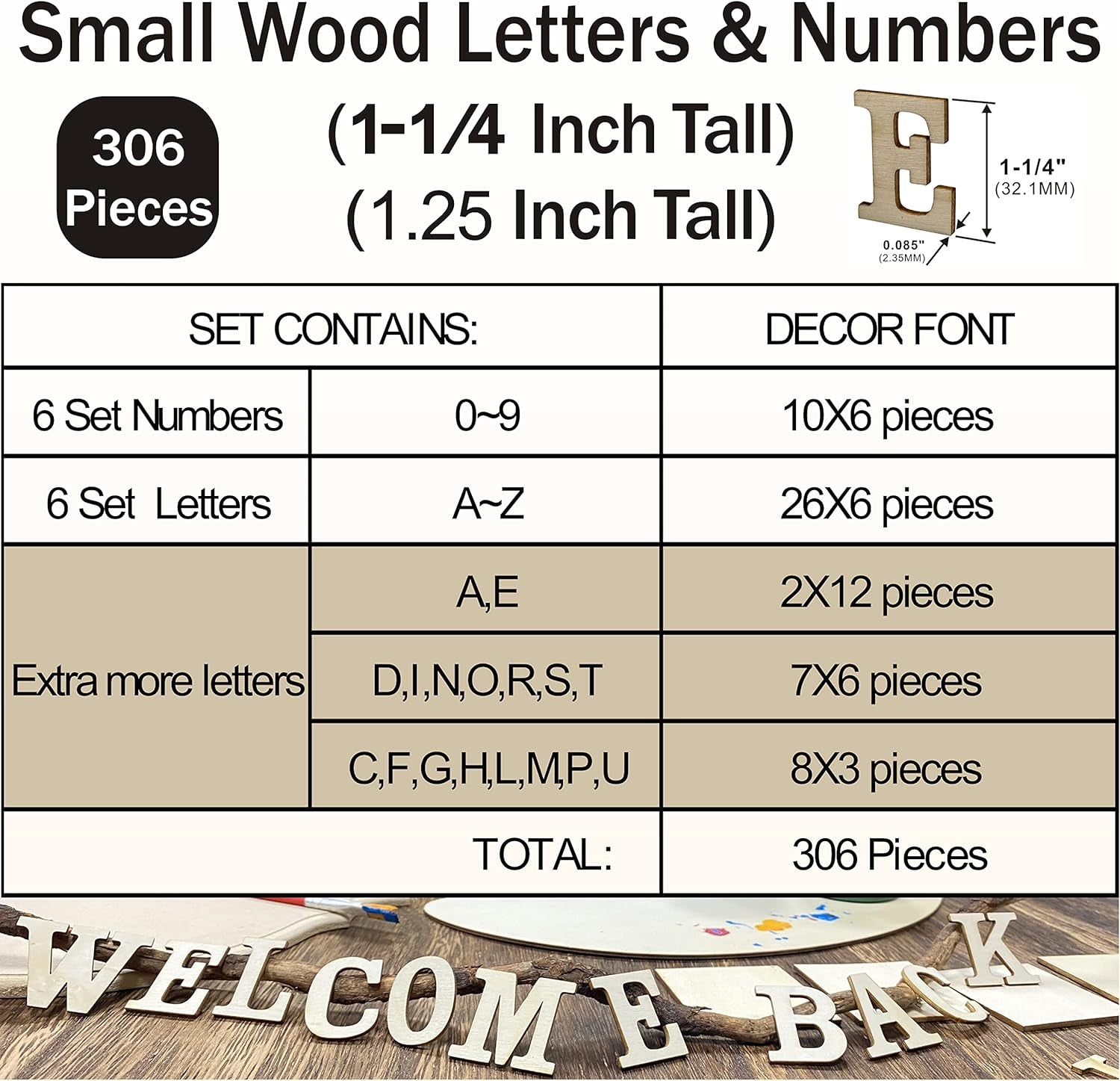 306 Pieces 1-1/4 Inch(1.25") Small Unfinished Wooden Letters and Wooden Numbers Decorative Font Alphabet Letters for Scrapbooking DIY Crafts Homemade Project