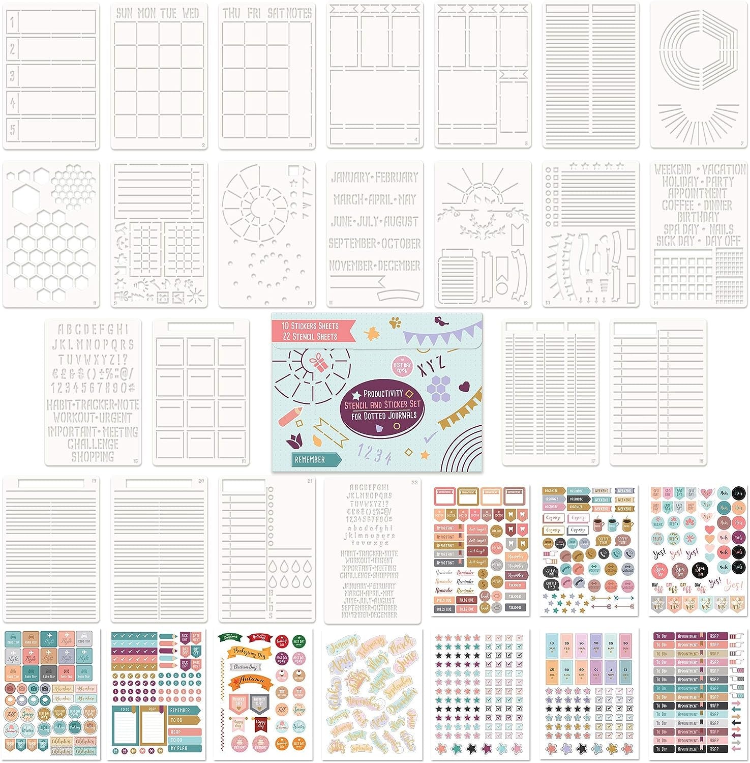 Easy to Use Stencil Set for Dotted Journals - Time Saving Planner Accessories/Supplies Kit Makes Creating Layouts Easy - Incl. Bullet Point Checklists, Daily/Weekly/Monthly Calendars