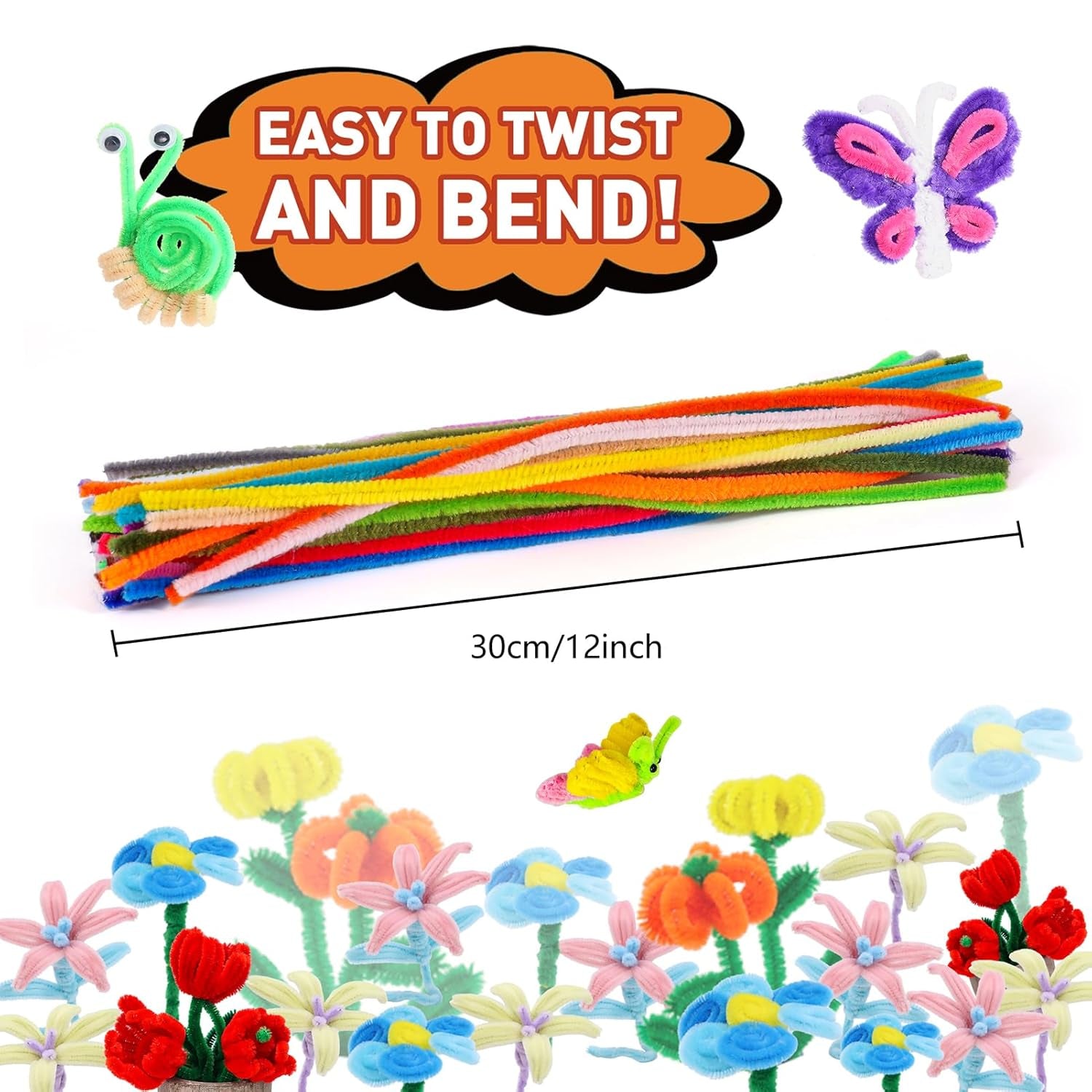 1000Pcs Pipe Cleaners for Arts and Crafts, 40 Color Chenille Stems for DIY Creative Projects, Craft Supplies for Adults and Kids (12Inch×6Mm)