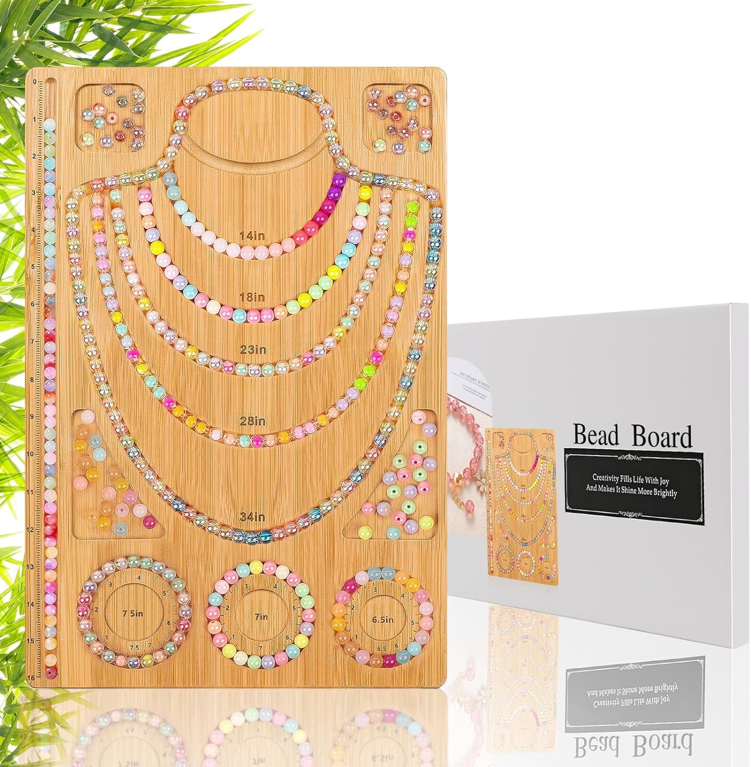 Wooden Bead Boards for Jewelry Making with Box, 16.9 X 11.4” Bamboo Beading Board for Bracelet Necklaces Making, Beginners Bead Design Board Measuring Beads Tray