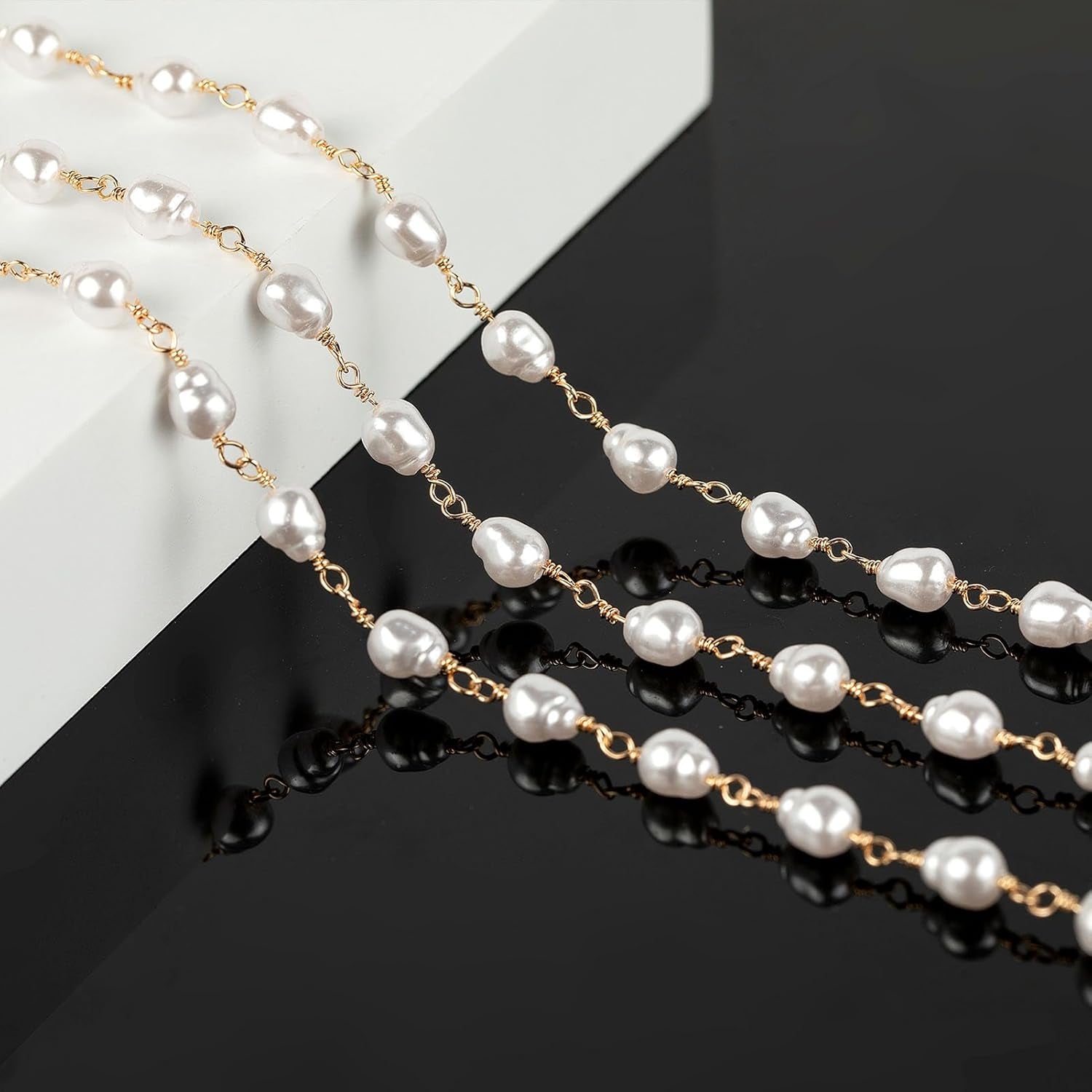 13 Feet Imitation Pearl Bead Chain Bulk KC Gold Plated Brass Jewelry Chain for Jewelry Making Necklace Bracelet DIY Handmade Craft Chain Roll